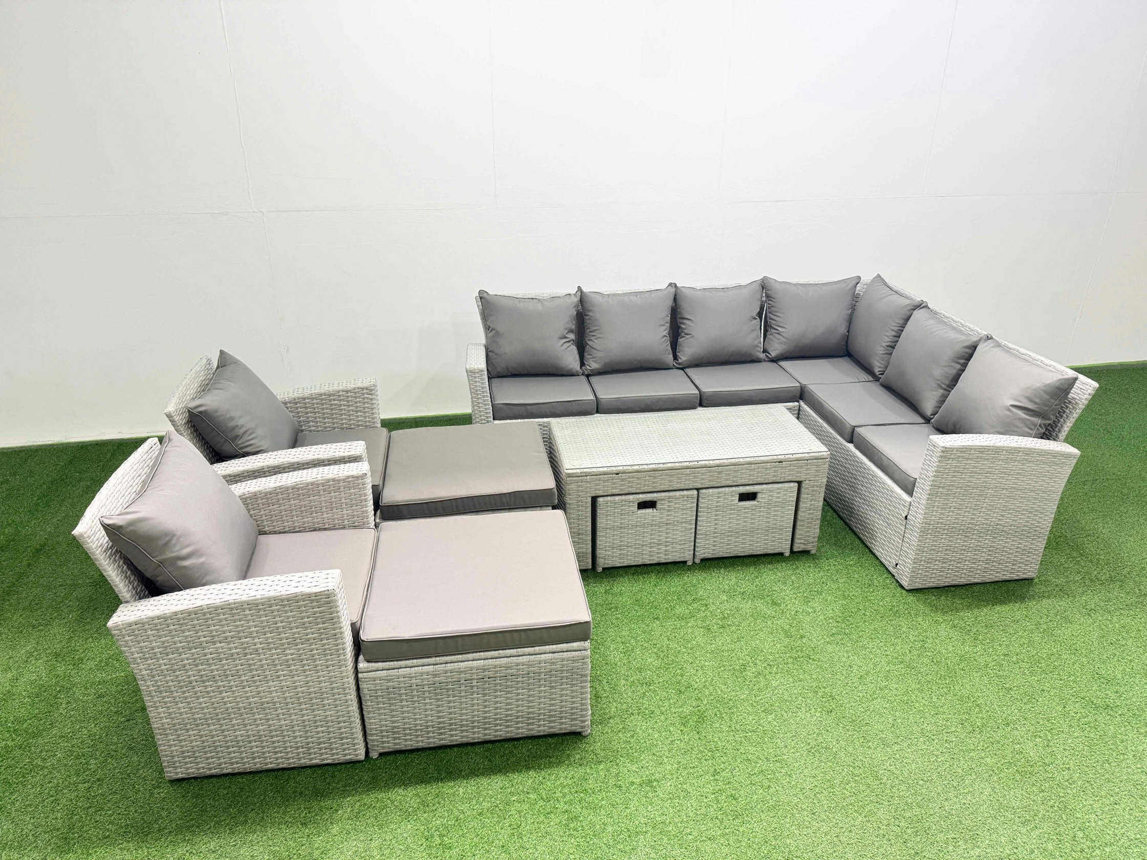 Rackhams Light/Grey Rattan Garden Furniture Set 9 Pieces Outdoor Garden Sofa Oblong Coffee Table Set With 2 Chairs 4 Footstools Mixed