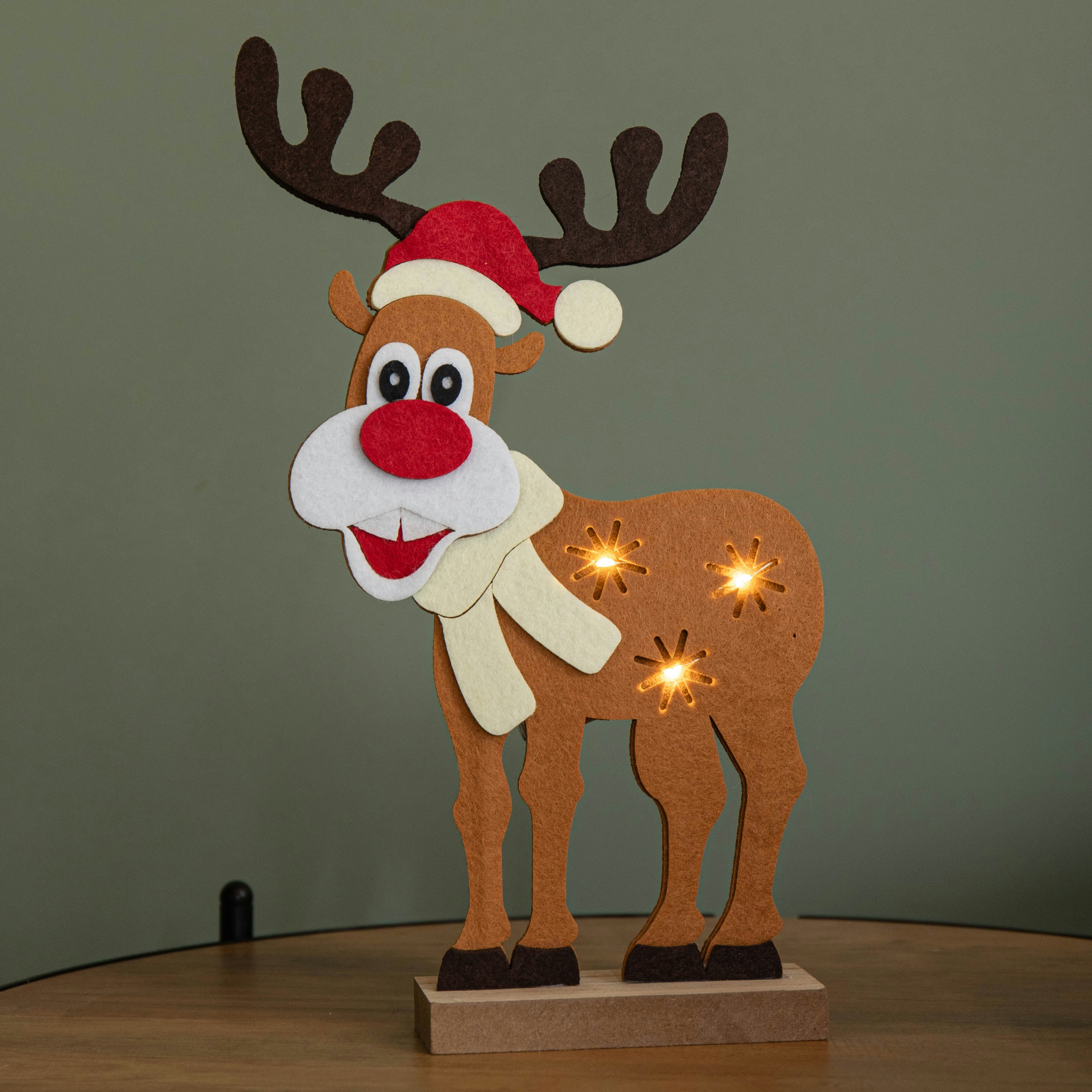 Rackhams Light/White 32Cm Battery Operated Up Felt Reindeer With Santa Hat And Warm Leds