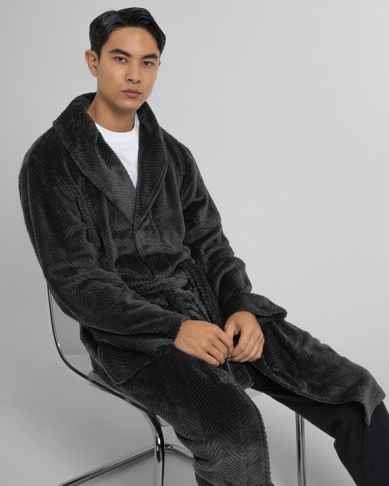 Steel & Jelly Kensal - Herringbone Texture Supersoft Fleece Dressing Gown - Charcoal - S