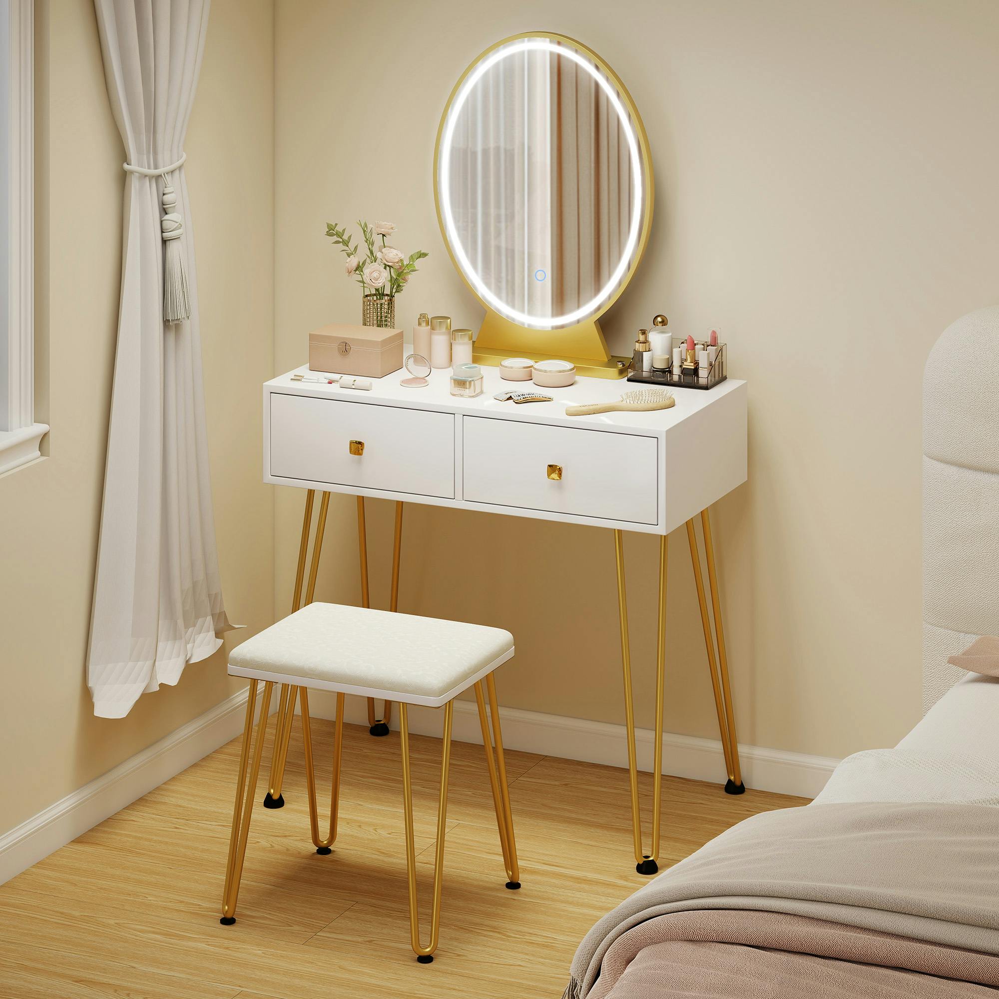 HOMCOM Dressing Table Set with LED Mirror & Stool - White & Gold - 2 Drawers - Hairpin Legs - Image 4