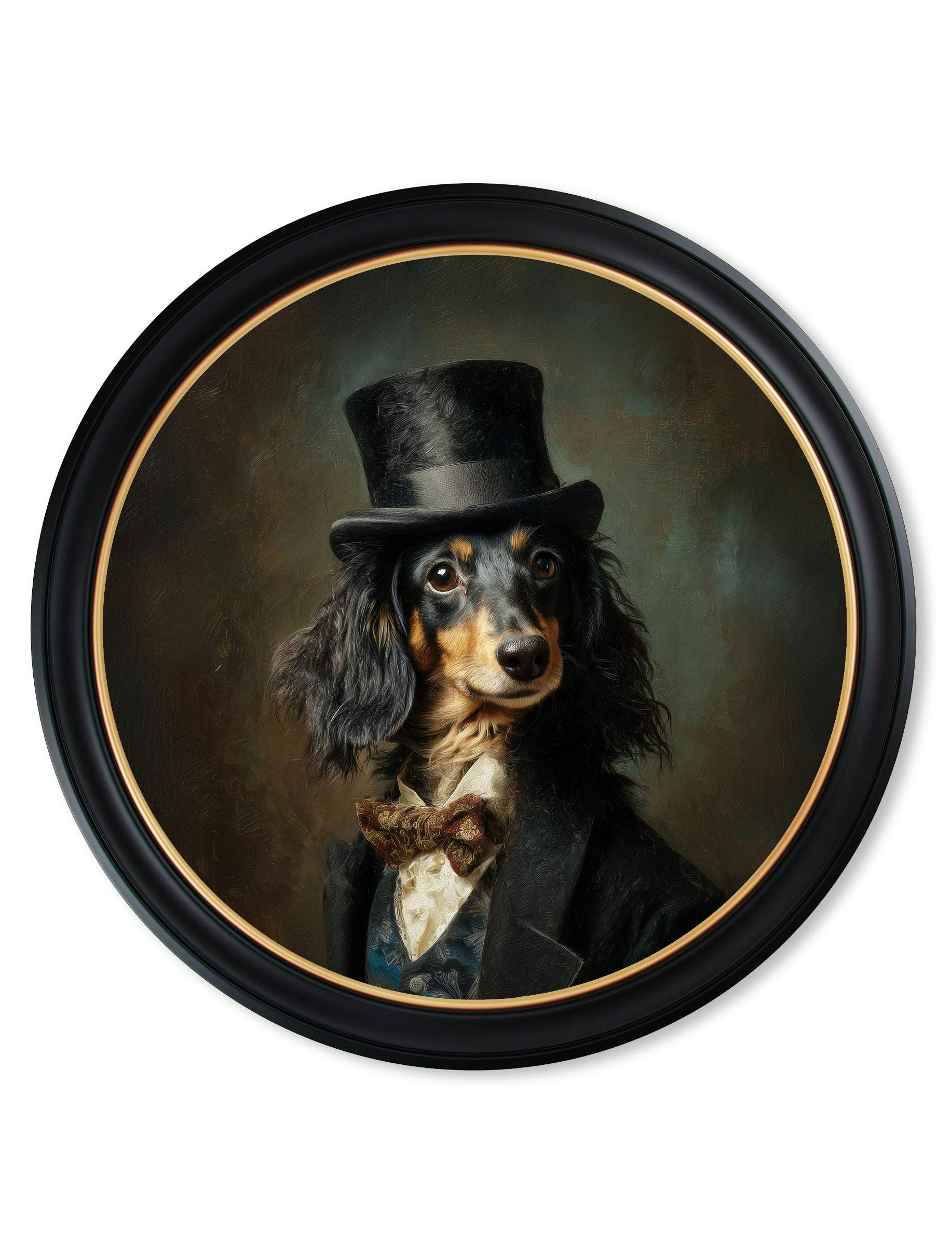 Rackhams Dark/Black/Brown Sir Sausageworth - Gentleman Dachshund Oxford Round Frame - 96 X 96Cm