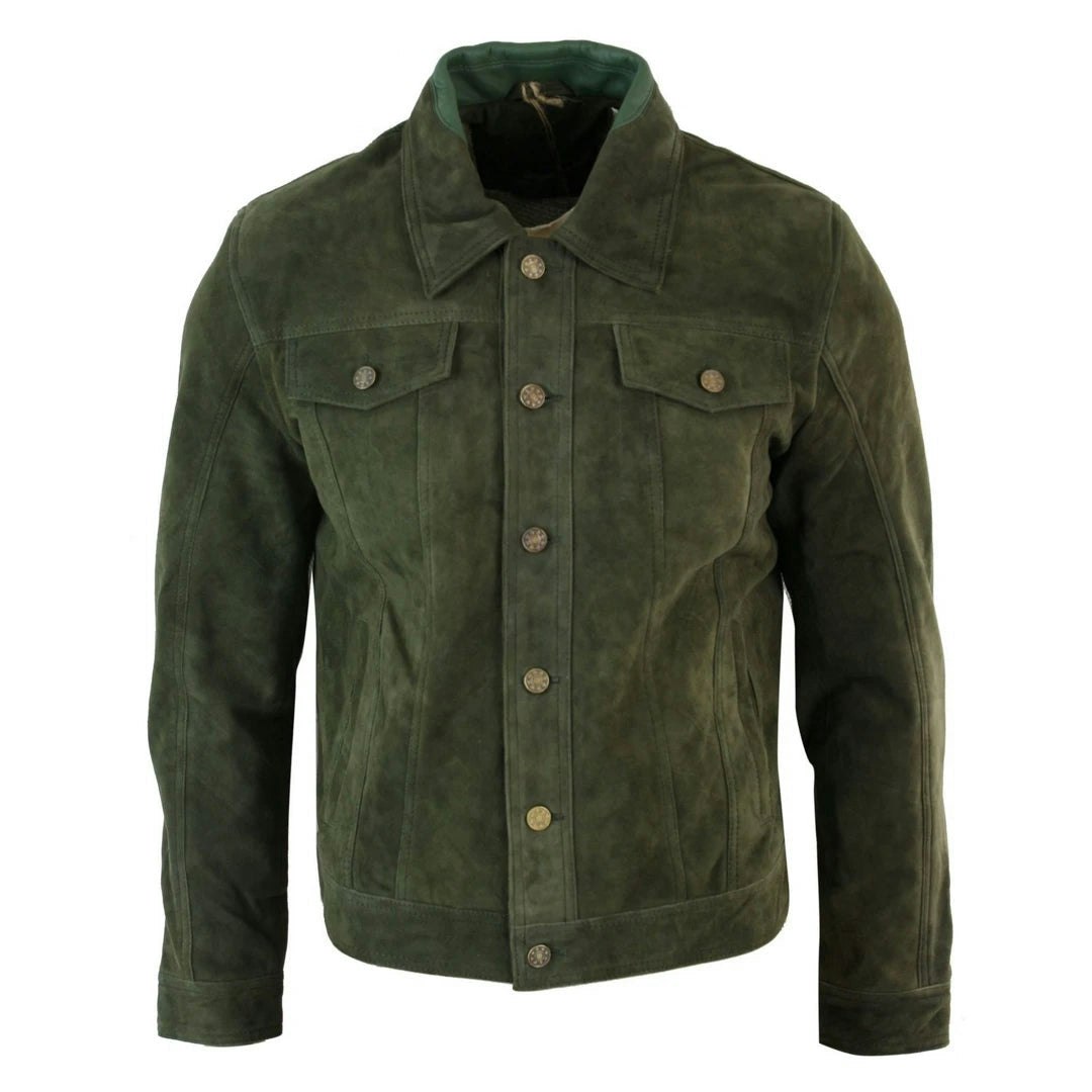 Infinity Leather Men's Short Denim Suede Leather Jean Jacket - Olive - 2XL