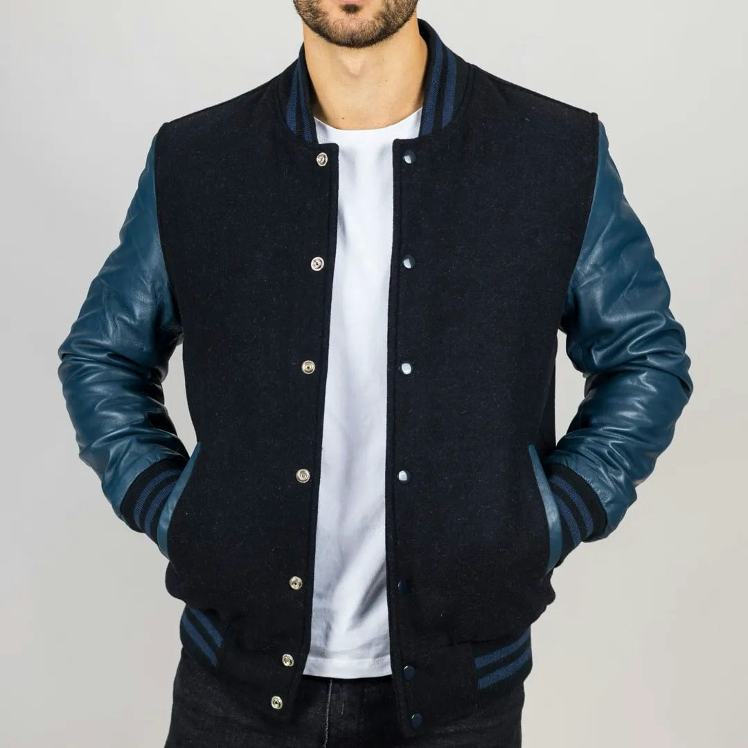 Infinity Leather Men's Black Leather Company Navy Varsity Bomber Jacket - 5XL