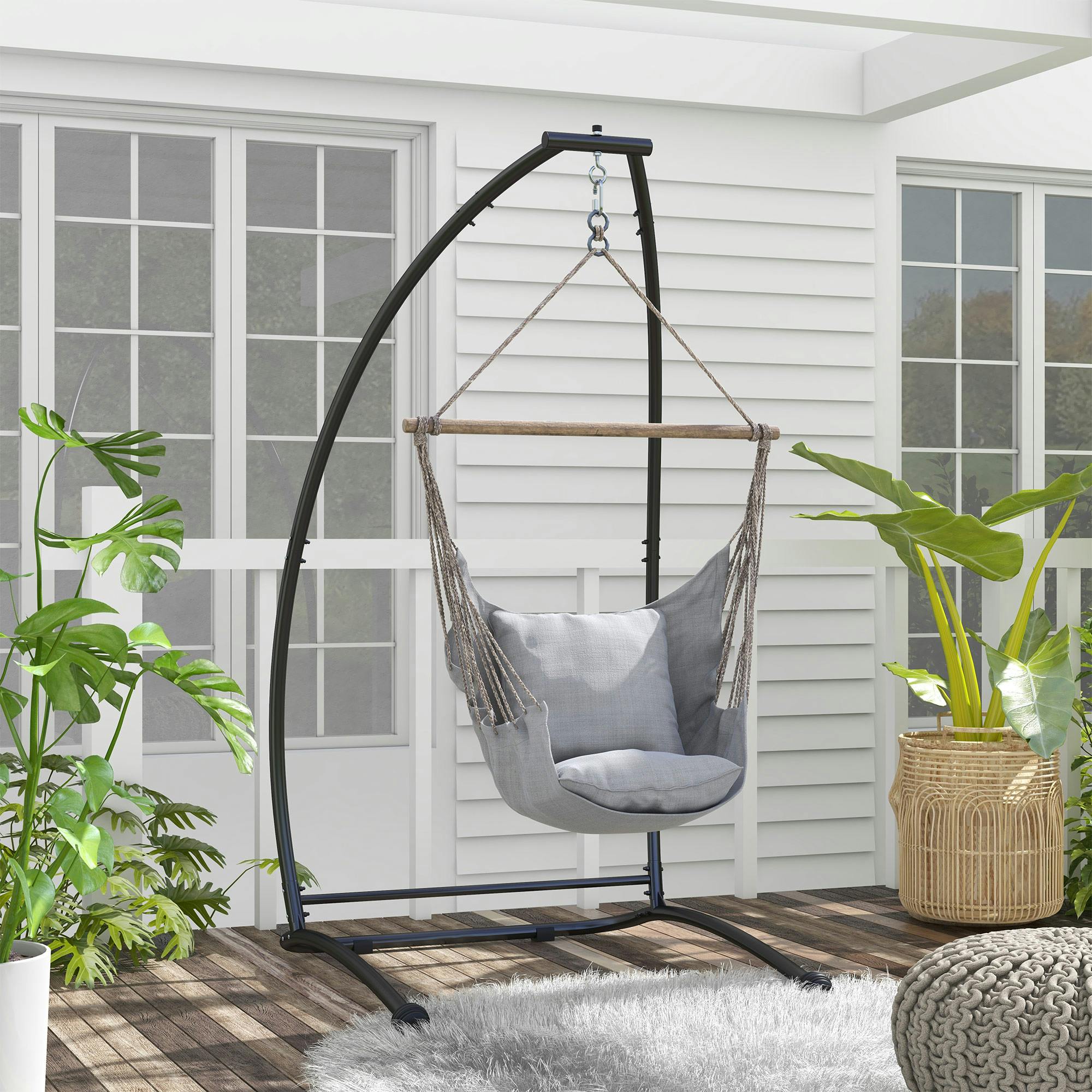 Rackhams Black Hammock Chair Stand With Metal Frame C Shape Hammock Stand Only,