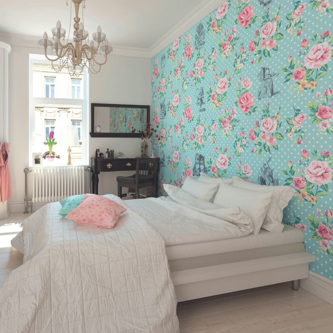 Origin Murals Blue Alice In Wonderland English Rose Print - Large - W350cm X H280cm