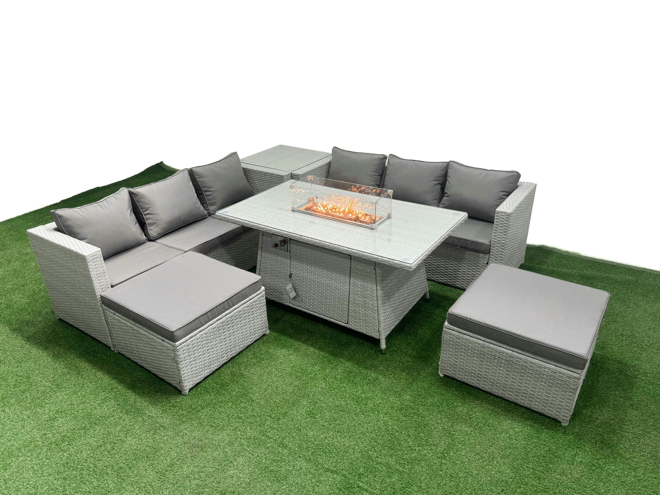 Fimous Light/Grey 8 Seat Pe Rattan Lounge Sofa Set Outdoor Garden Furniture Set With Fire Pit Dining Table 3 Seater Sofa 2 Stools Side Table