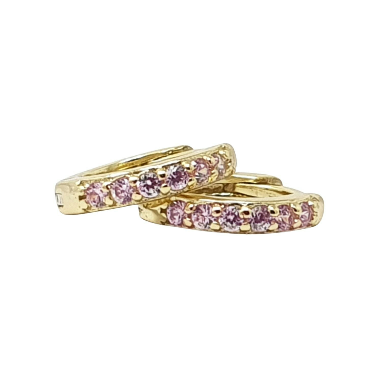 Harfi Women's Pink/Gold Tourmaline October Birthstone Huggie Plated Hoop Earrings