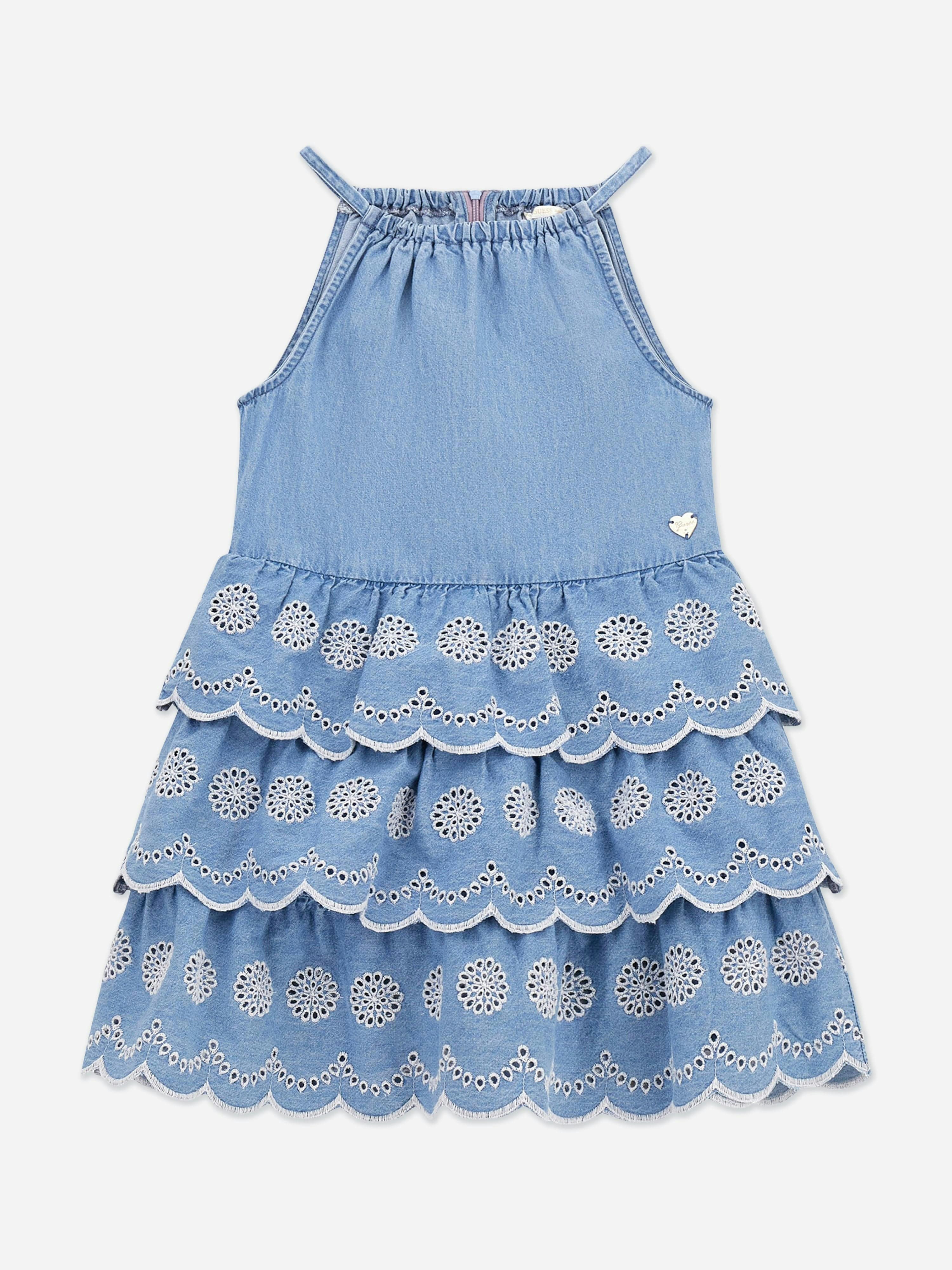 Guess Girls Blue Denim Ruffle Dress In - 14 Yrs