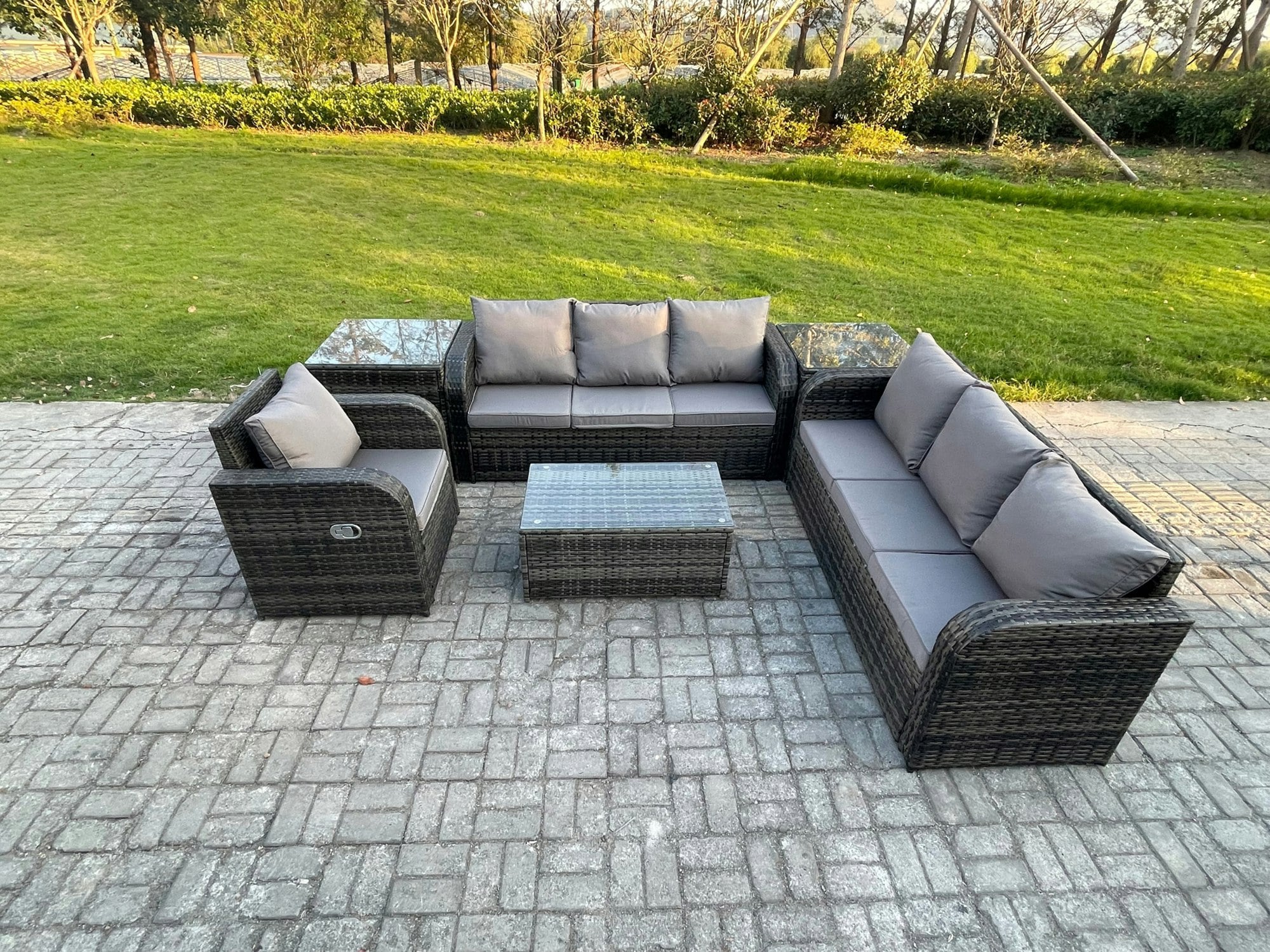 Fimous Dark/Grey 7-Seater Rattan Garden Sofa Set - Mixed Outdoor Patio Table & Chairs Set With 3-Seater Sofa & Reclining Chair