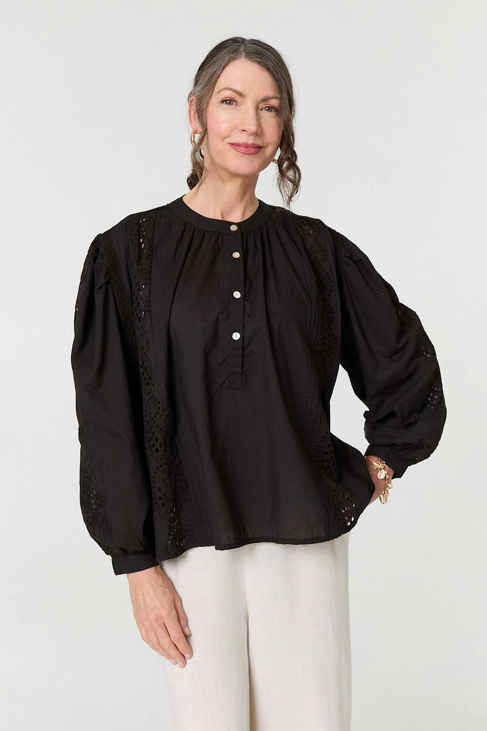 Izabel London Black Broderie Anglaise Puff Sleeve Blouse - S
