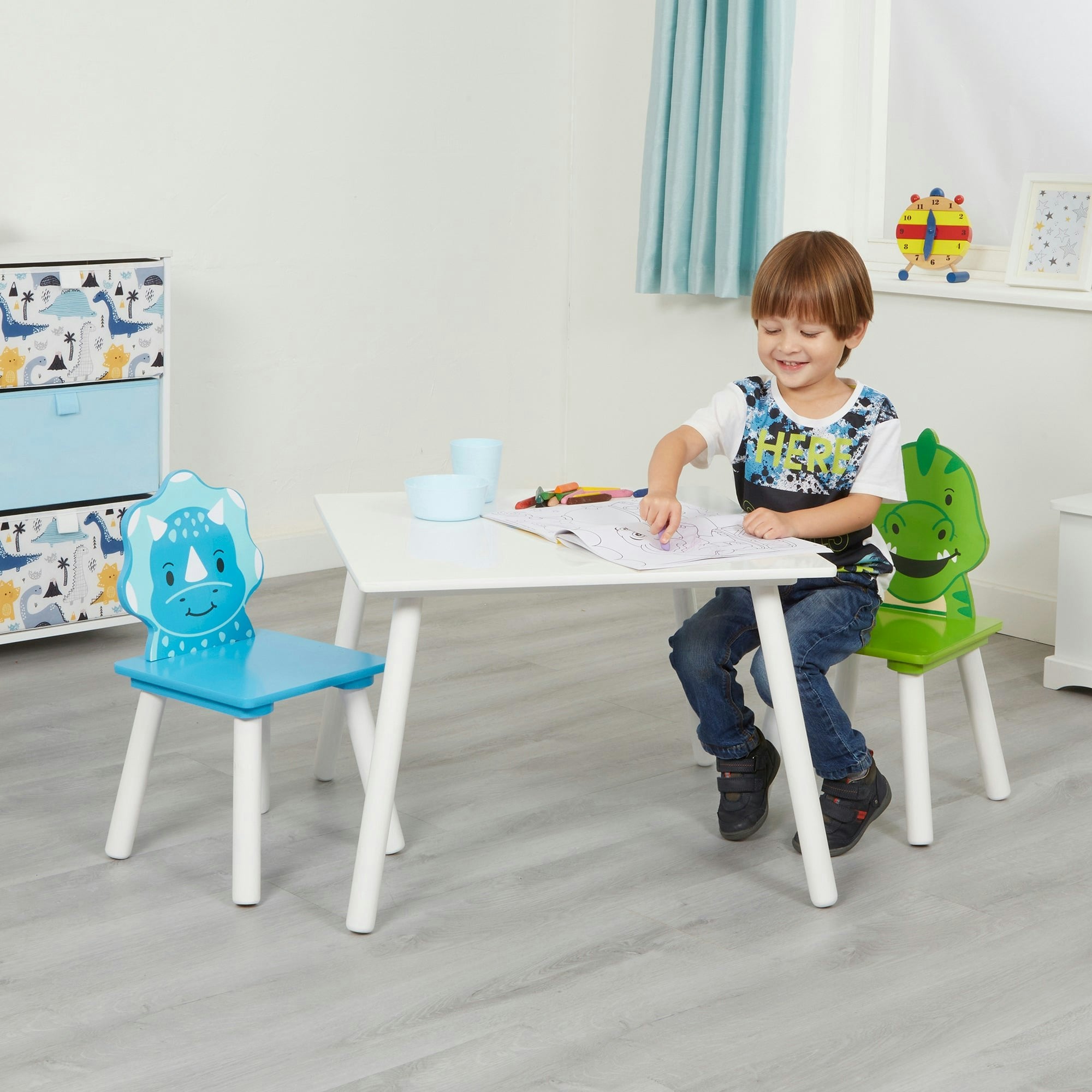 Liberty House Toys White Kids Dinosaur Table And Two Chairs Set