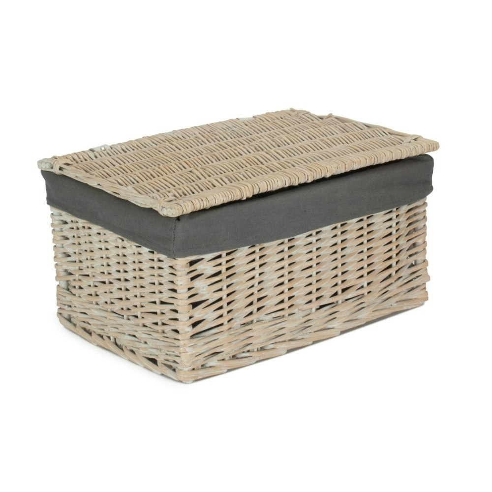 Rackhams Grey Whitewash Steamed Cotton Lined Wicker Storage Basket - Small