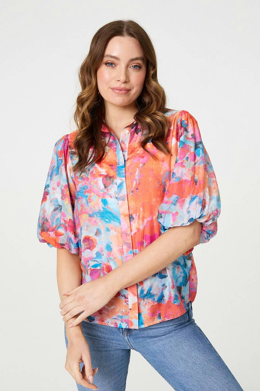 Izabel London Orange Abstract Print 1/2 Sleeve Shirt - 10