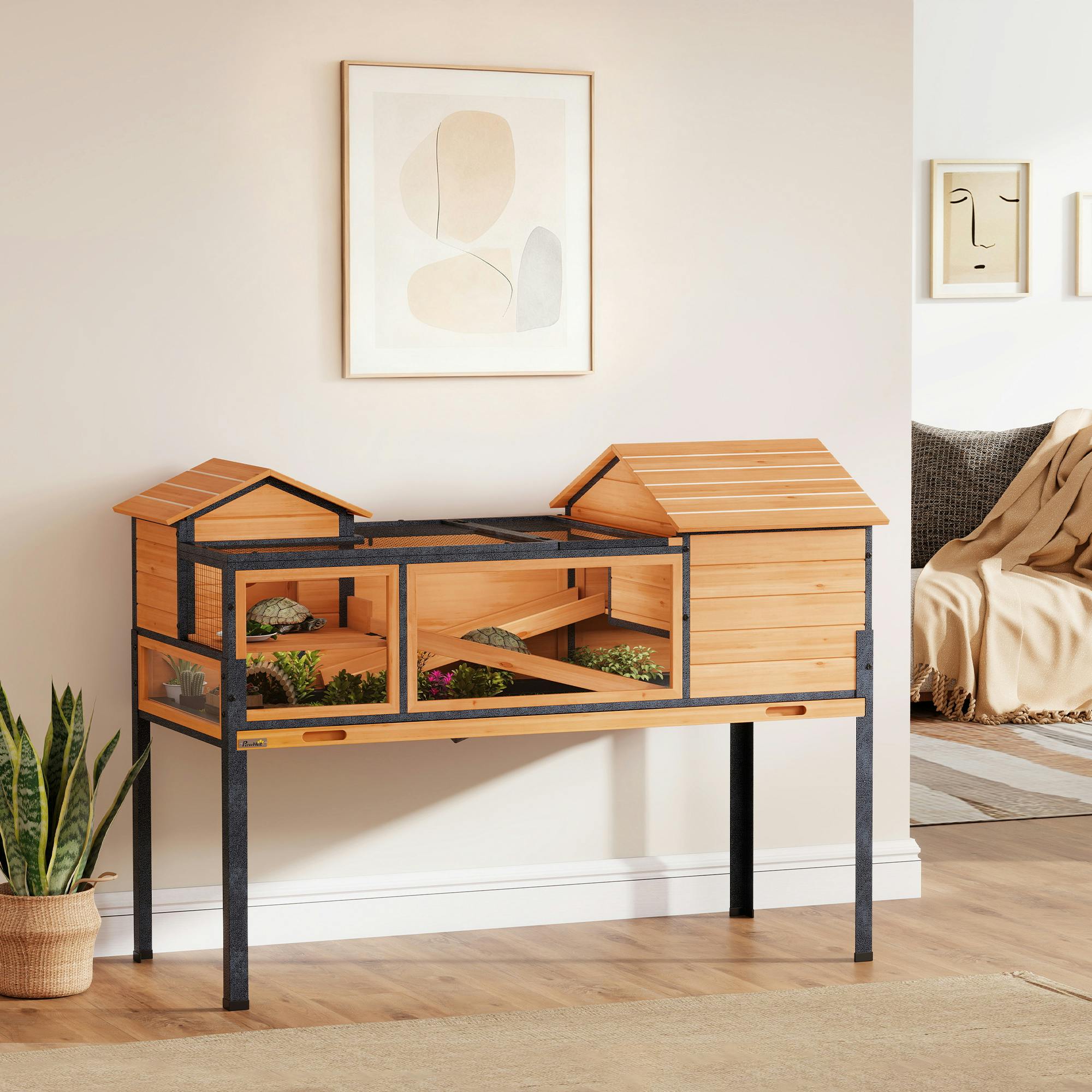 Pawhut Yellow Wooden Tortoise House With Stand Legs, Observation Windows,