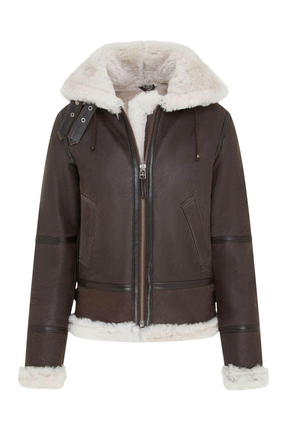 Infinity Leather Women's Brown Hooded Sheepskin Flying Leather Jacket-Palermo - Creck - Uk M/12 | Eu 38 | Us 8