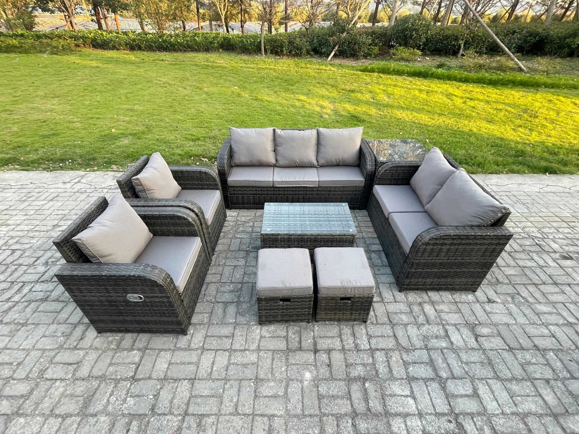 Fimous Dark/Grey 9 Seater Rattan Conservatory Sofa Set - Rectangular Coffee Table, 3-Seater Sofa, Loveseat, 2 Small Footstools & Side Table