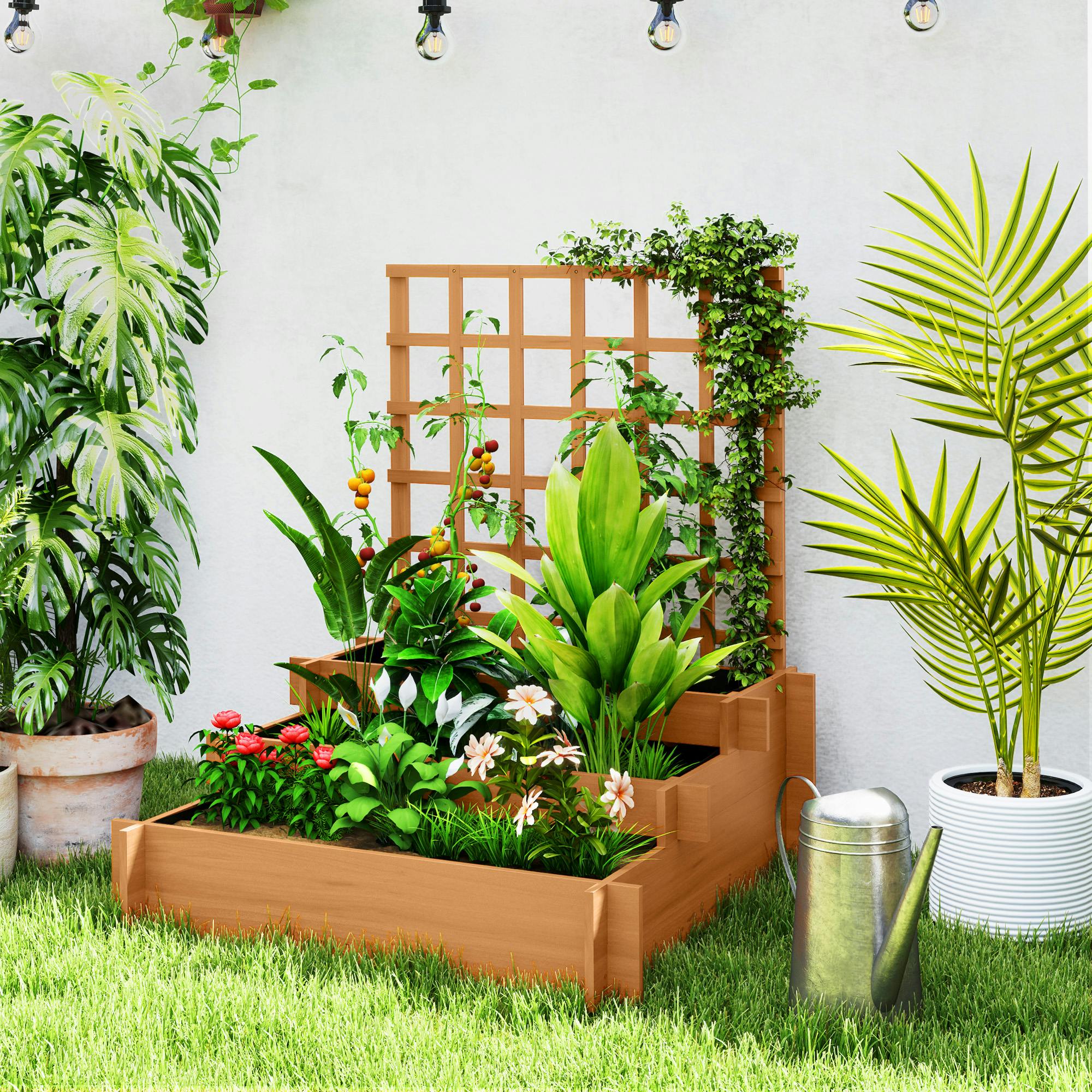 Rackhams Brown 3 Tier Wooden Garden Planters With Trellis For Vine Climbing Plants