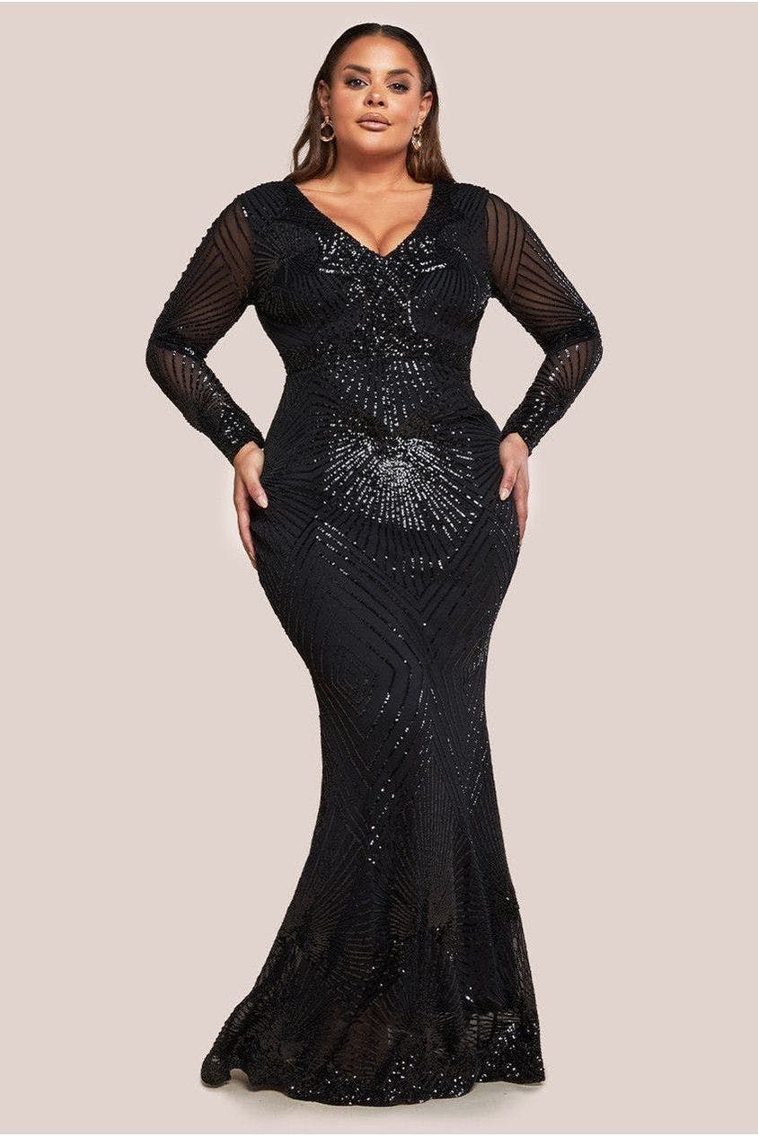 Goddiva Plus Black Starburst Sequin Maxi Dress - By - 22