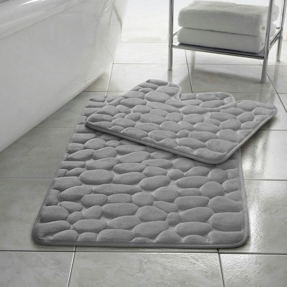 Rackhams Silver Memory Foam Pebbles Bath Mat Set 2 Piece