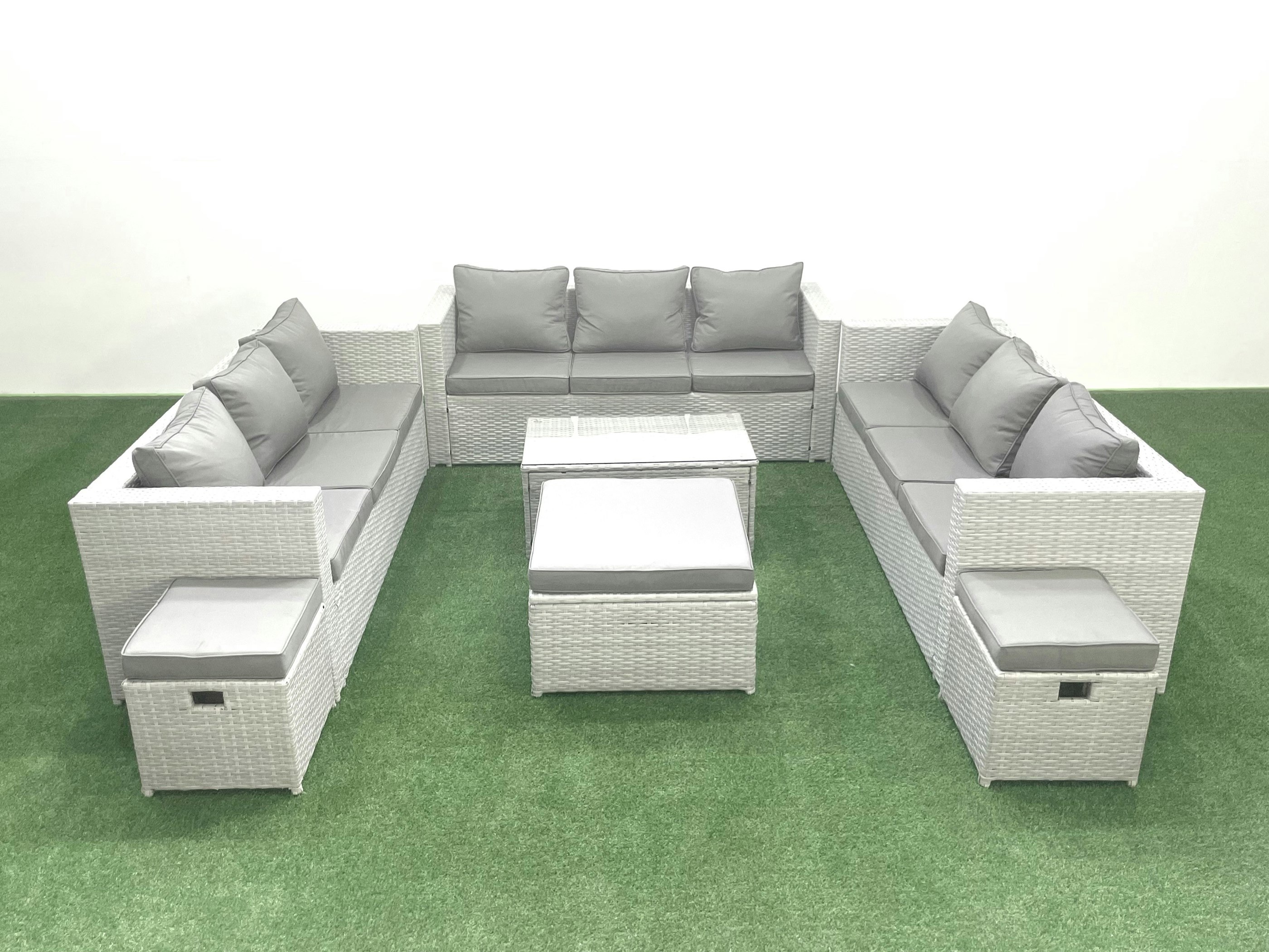 Rackhams Light/Grey Rattan Garden Outdoor Furniture Set 12 Seater Garden Sofa Coffee Table Set With 3 Footstools Mixed