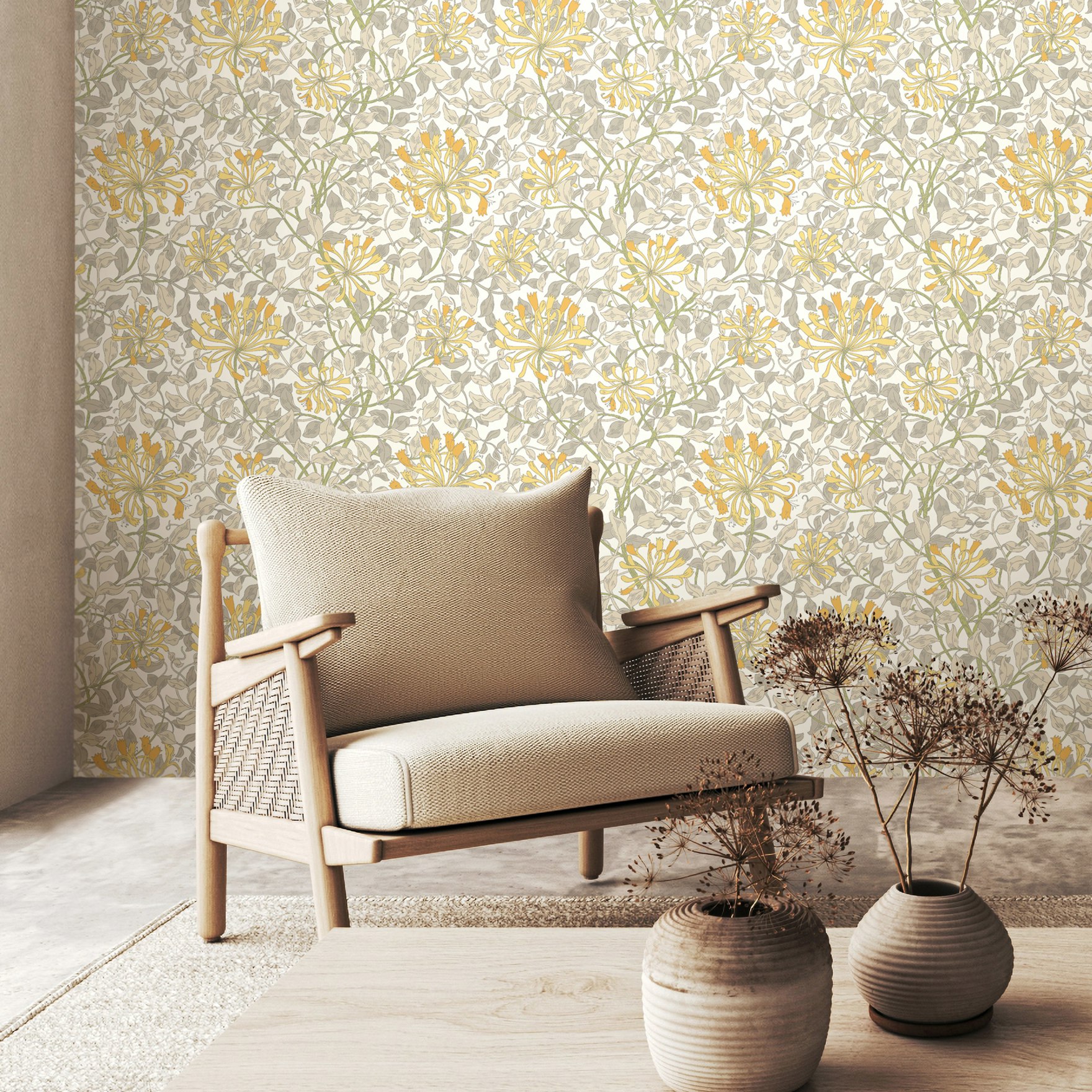 Hoopla Walls Grey Honeysuckle Leaf Trail - Warm 10M Wallpaper - Warm