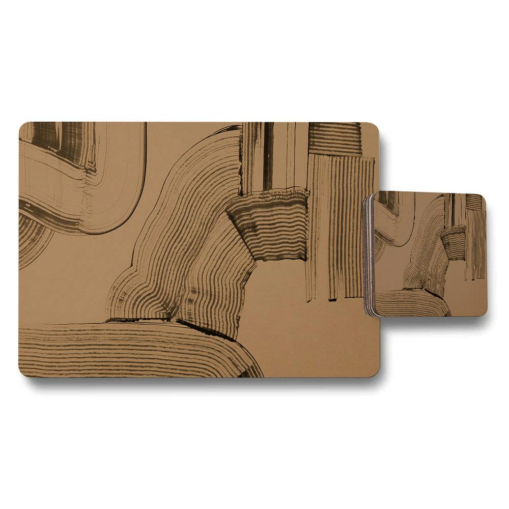 Rackhams Dark Tan Abstract Line Art Placemat And Coaster Set For Dining Table
