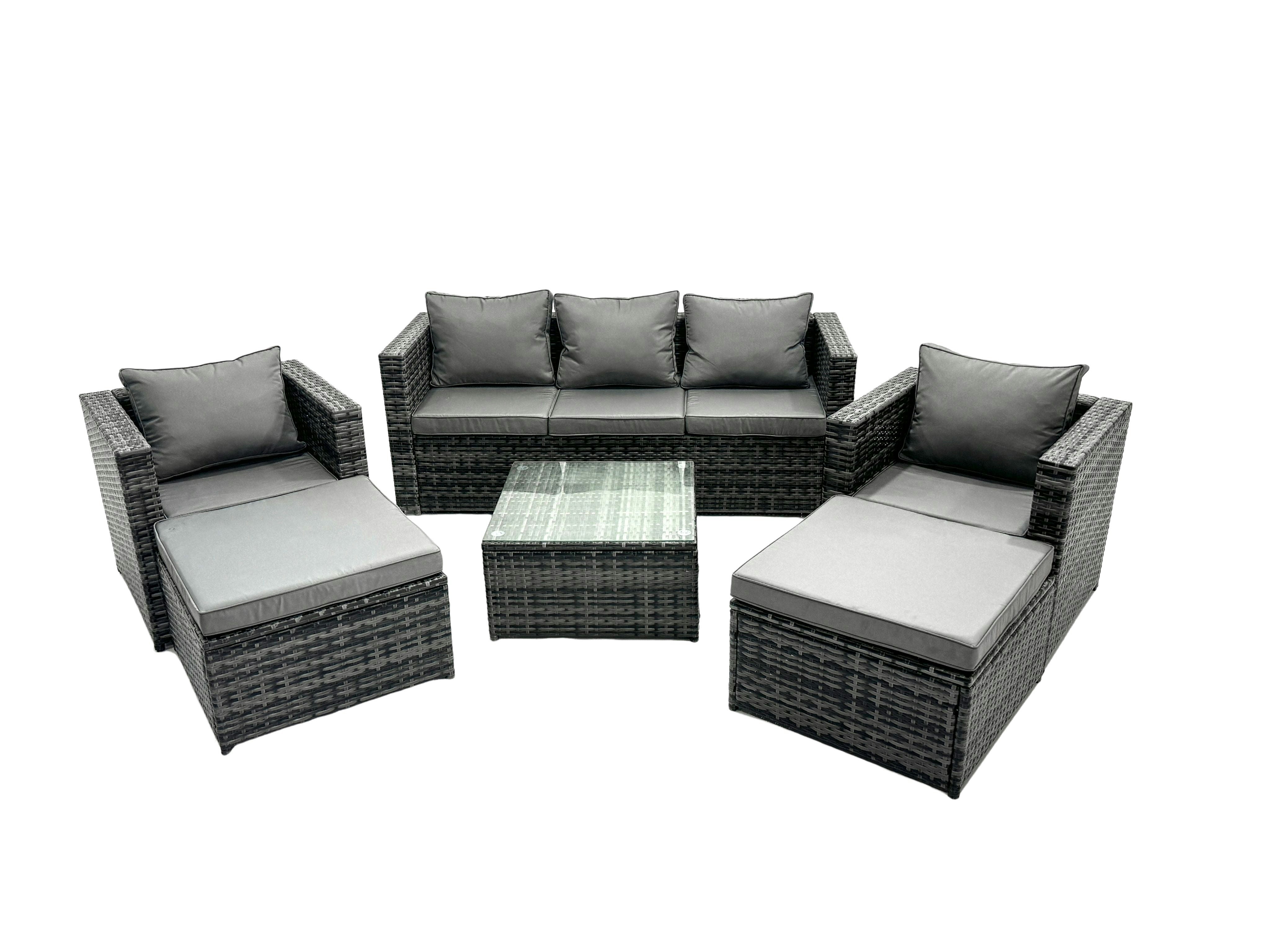 Fimous Dark/Grey Outdoor Rattan Garden Furniture Set 7 Seater Patio Lounge Sofa Set With Armchair Square Coffee Table 2 Big Footstool Mixed