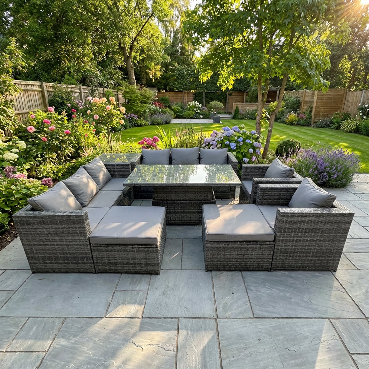 Rackhams Dark/Grey Rattan Dining Table Sofa Set With Side Table 2 Armchair 2 Stools Outdoor 10 Seat Garden Furniture Set Mixed