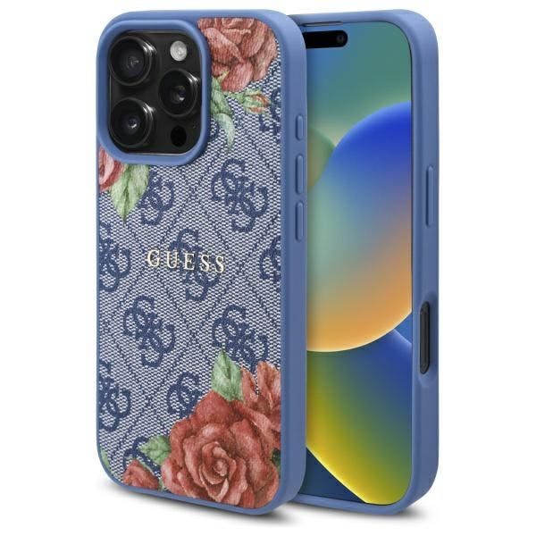 Guess Blue 4G Flower Printed Hardcase With Magsafe For Iphone 16 Pro 6.3" - Guhmp16lp4ropemcb