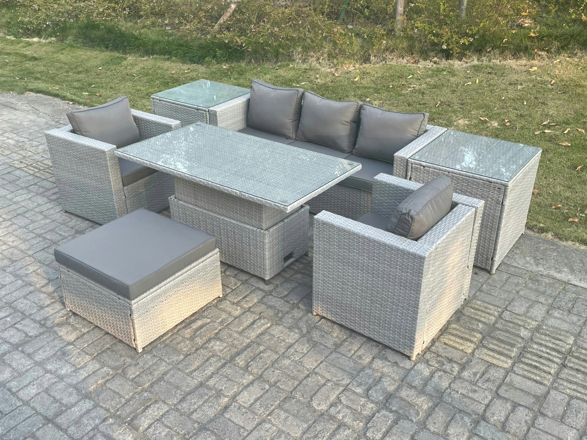 Rackhams Light/Grey/Dark Rattan Garden Funiture Set Adjustable Rising Lifting Table Sofa Dining Set With 2 Arm Chair 2 Side Table Footstool