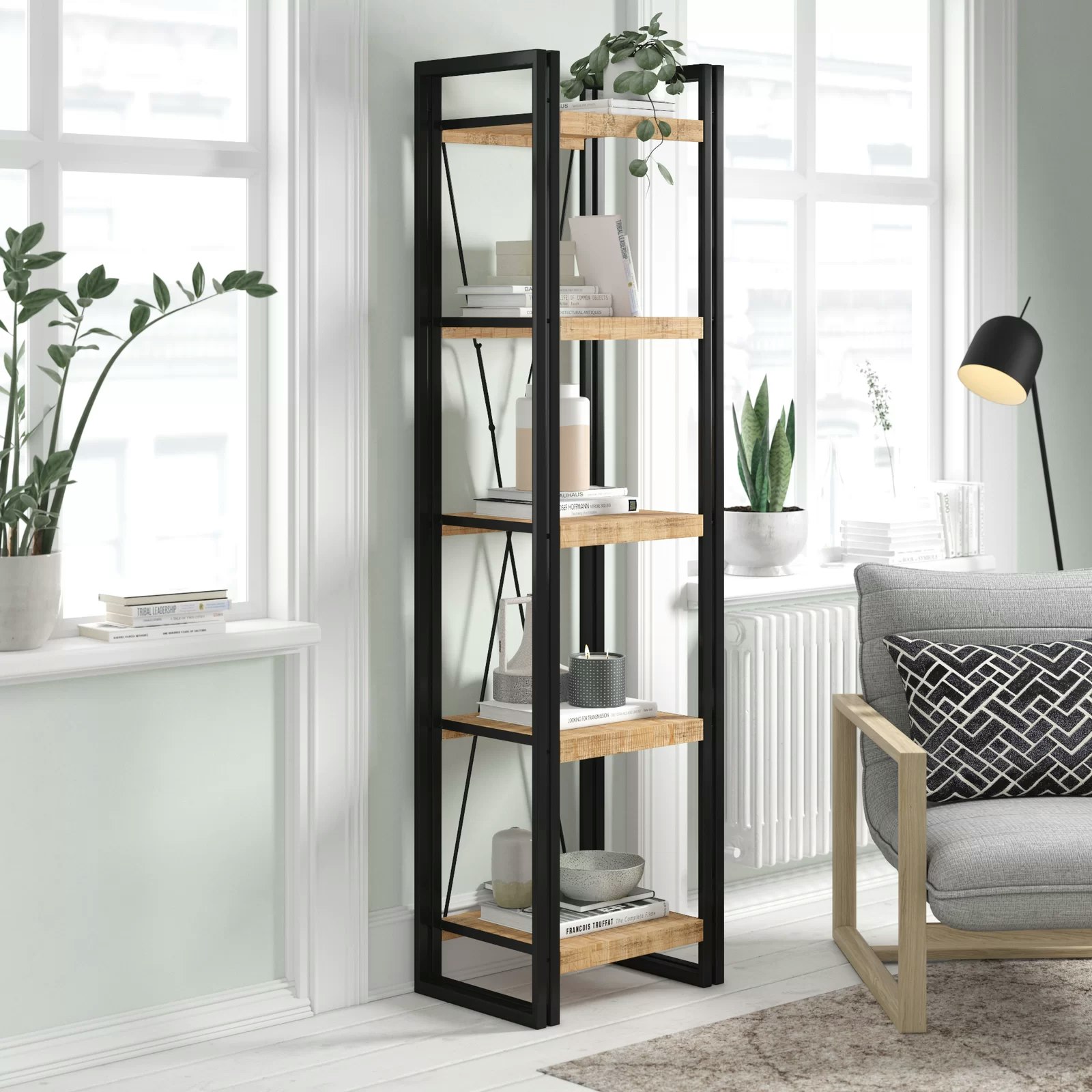 Ih Design Light/Grain Herica Industrial Mintis Narrow Open Bookcase - Wood - 1 - 55X40x200 Cm (Lxdxh)