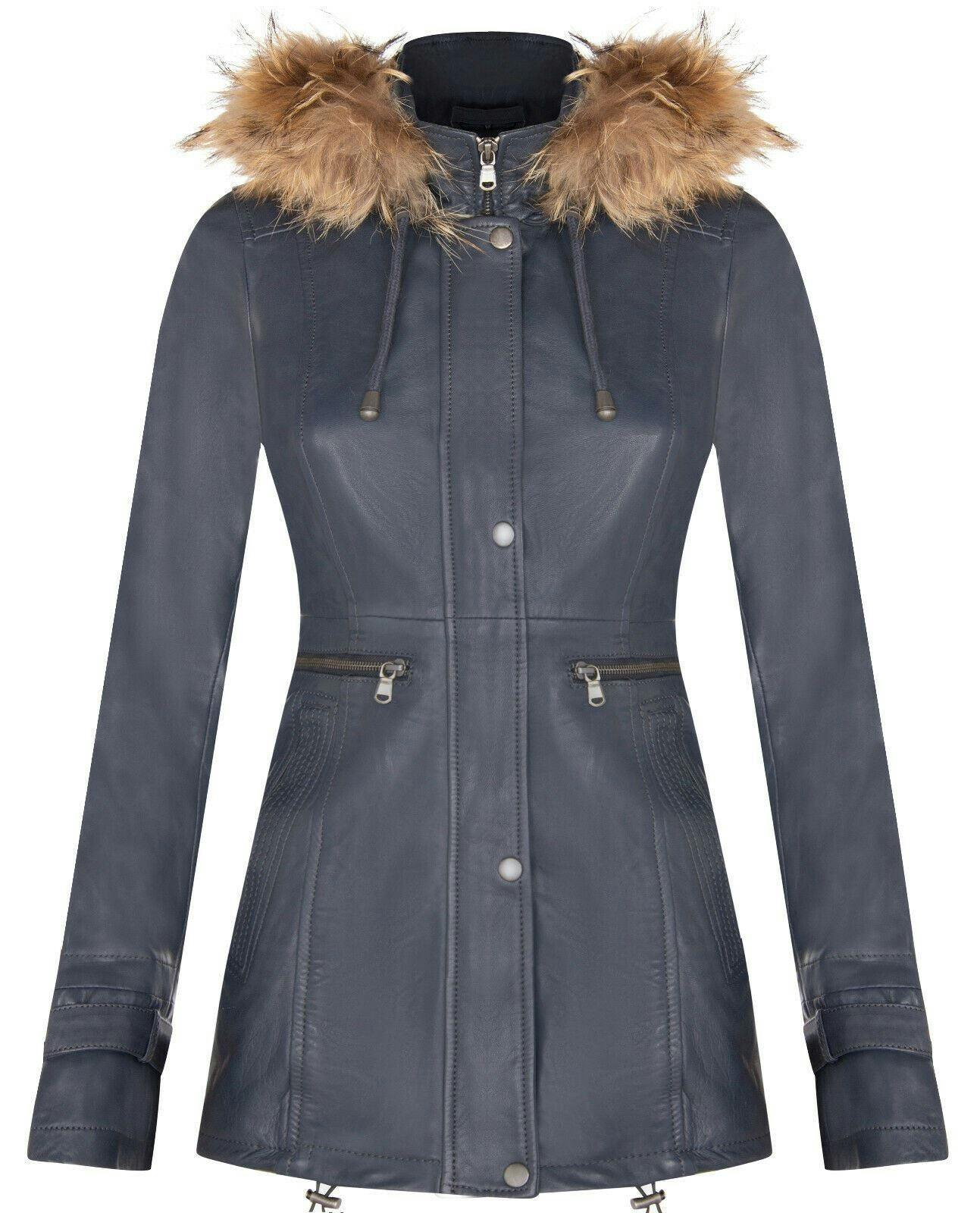 Infinity Leather Women's Warm Leather Hooded Parka Jacket-Northwich - Navy - Uk Xs/8 | Eu 34 | Us 4