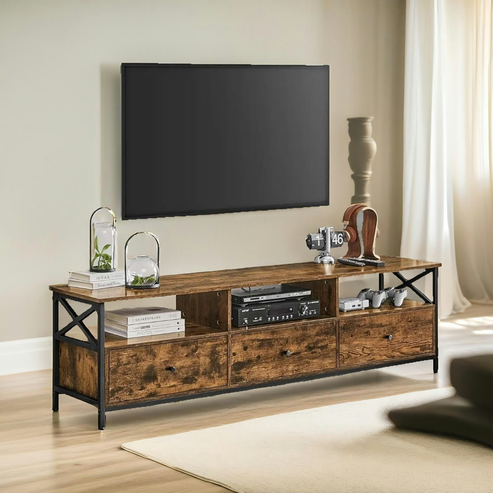 Rafaelo Mobilia Brown Industrial Tv Stand Unit With 3 Drawers Rustic