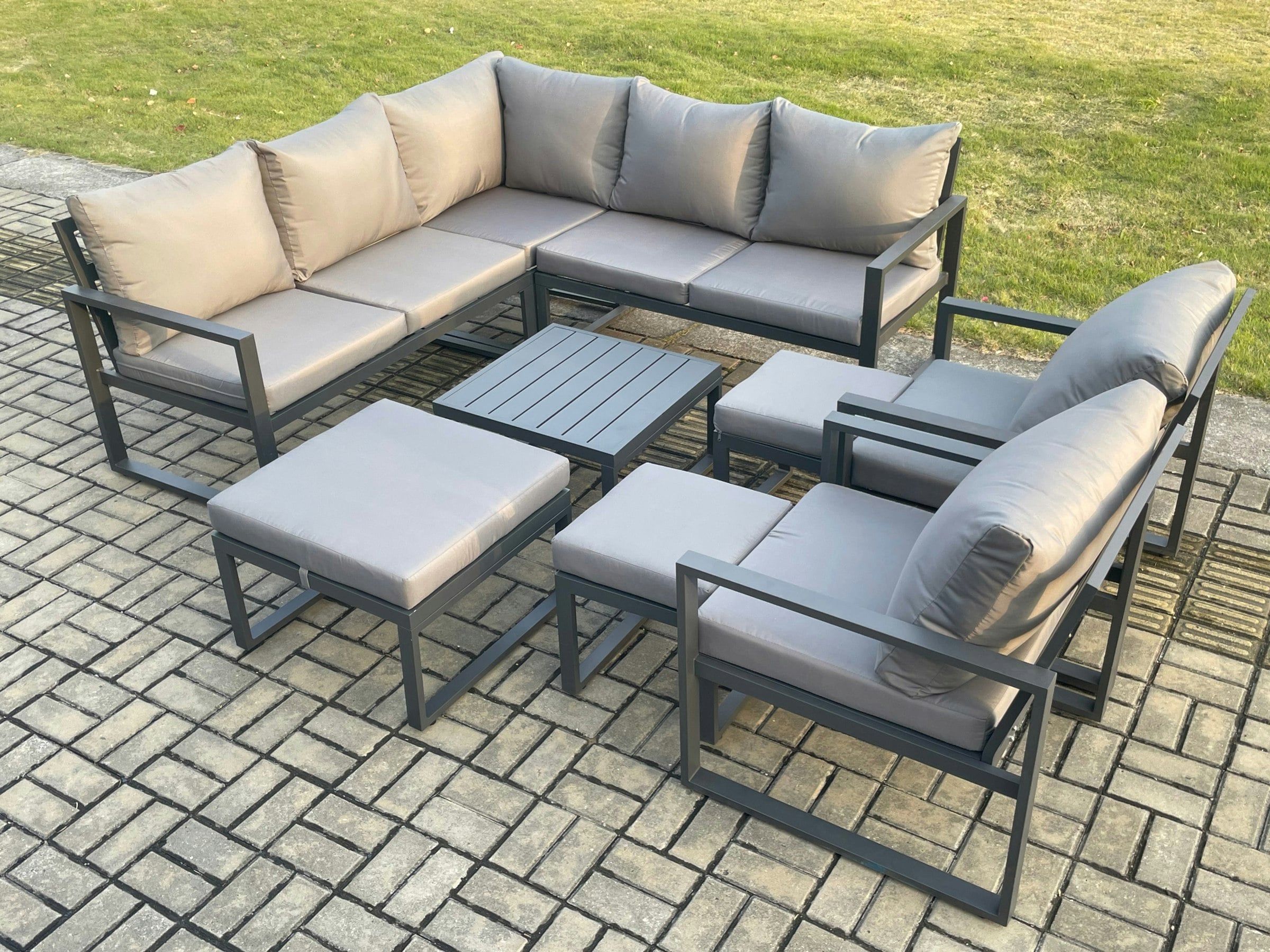 Rackhams Dark/Grey 10 Seater Outdoor Aluminium Garden Furniture Set Corner Lounge Sofa Set With Square Coffee Table 3 Footstools