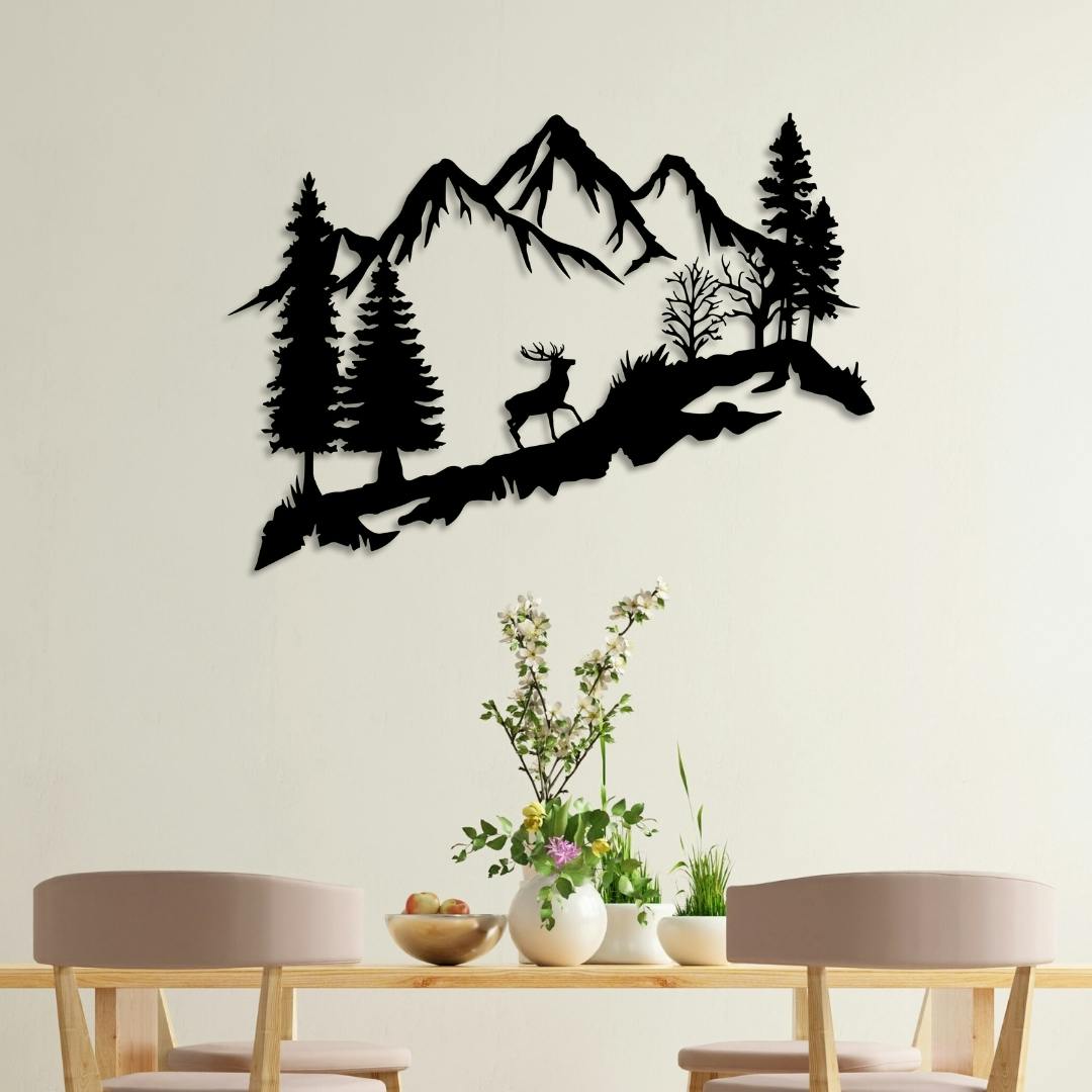 Decortie Black Mountain Peak And Forest Silhouette Metal Wall Decor 90 Cm - Metal