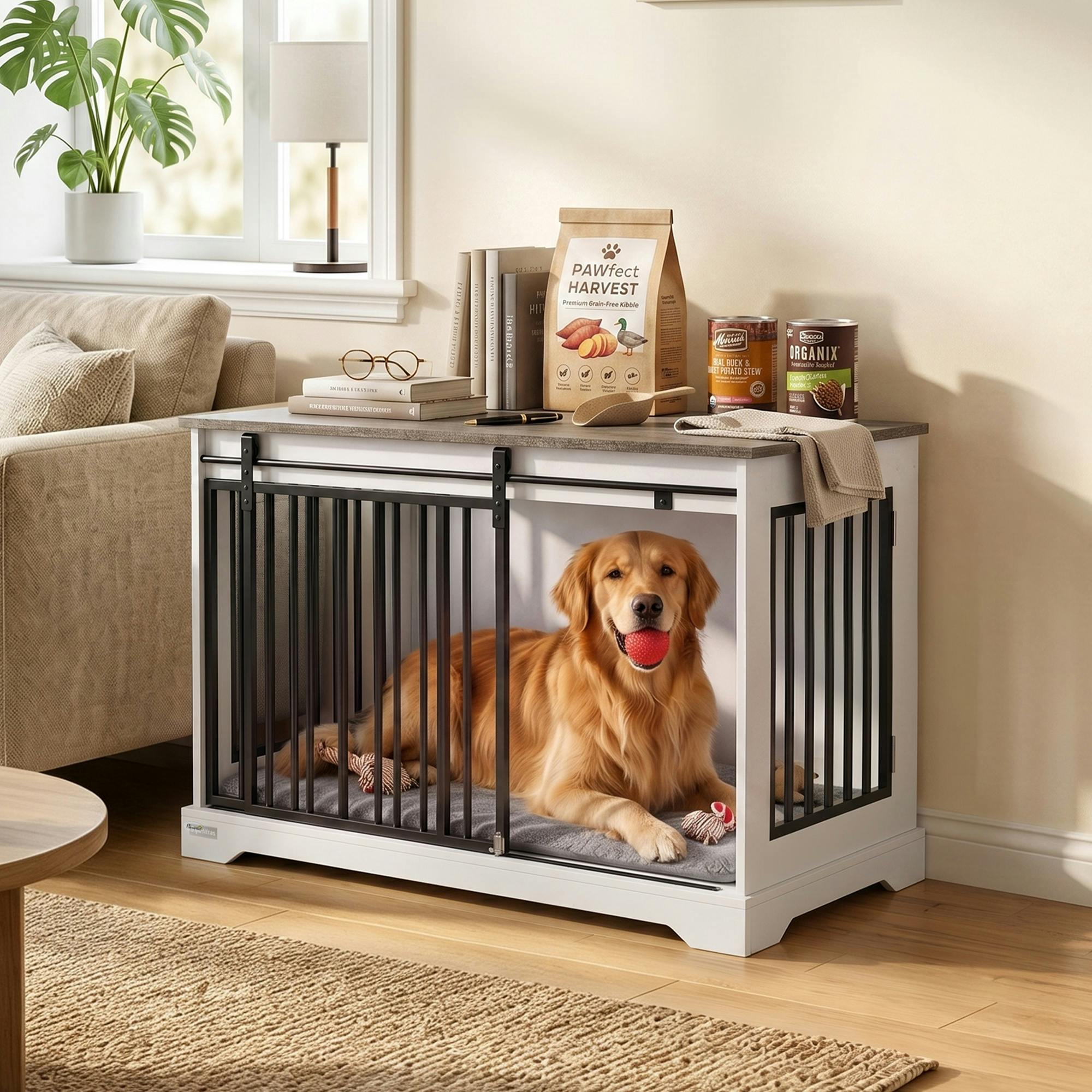Pawhut White/Black/Grey 100 Cm Large Dog Crate Furniture With Sliding Barn Door