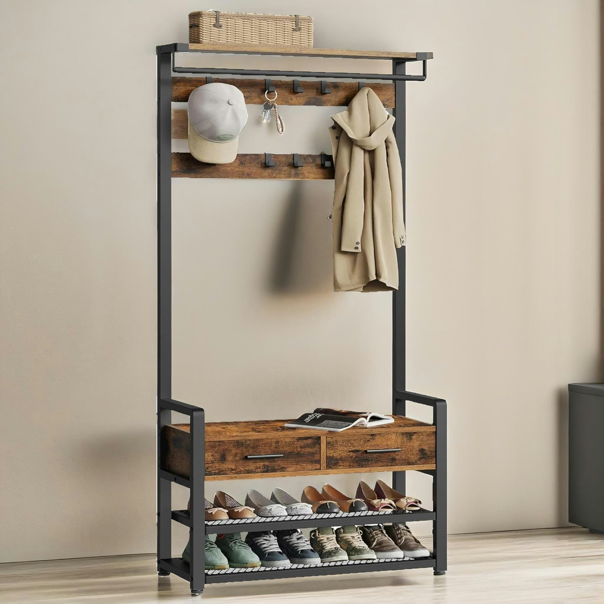 Rafaelo Mobilia Brown Industrial Hall Tree Coat Rack Shoe Storage Bench