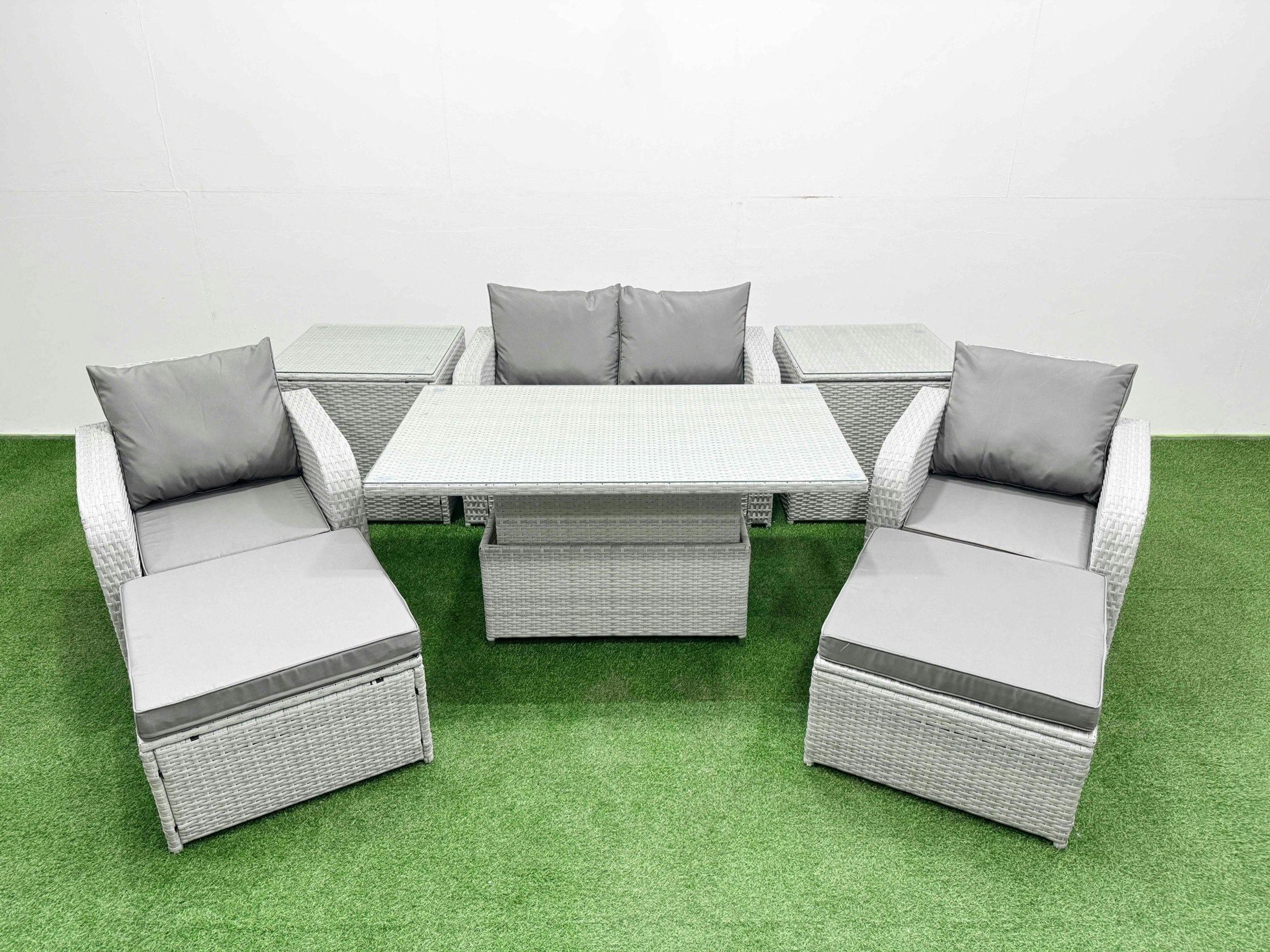 Rackhams Light/Grey 6-Seater Pe Rattan Sofa Set | Outdoor/Indoor Reclining Chair, Adjustable Coffee/Dining Table, 2 Large Footstools, 2 Side Tables