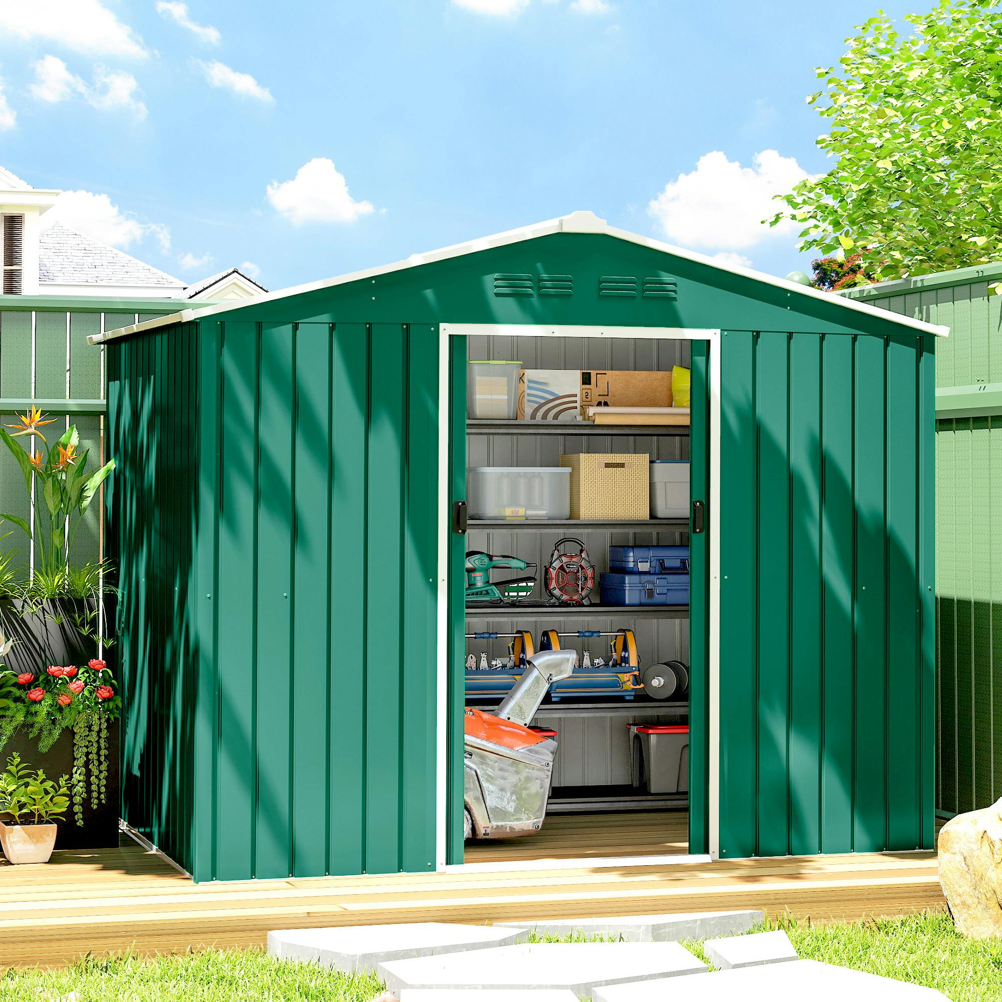 Outsunny Garden Shed - Galvanised Steel - 7.4 x 5.3ft - Green - Image 3