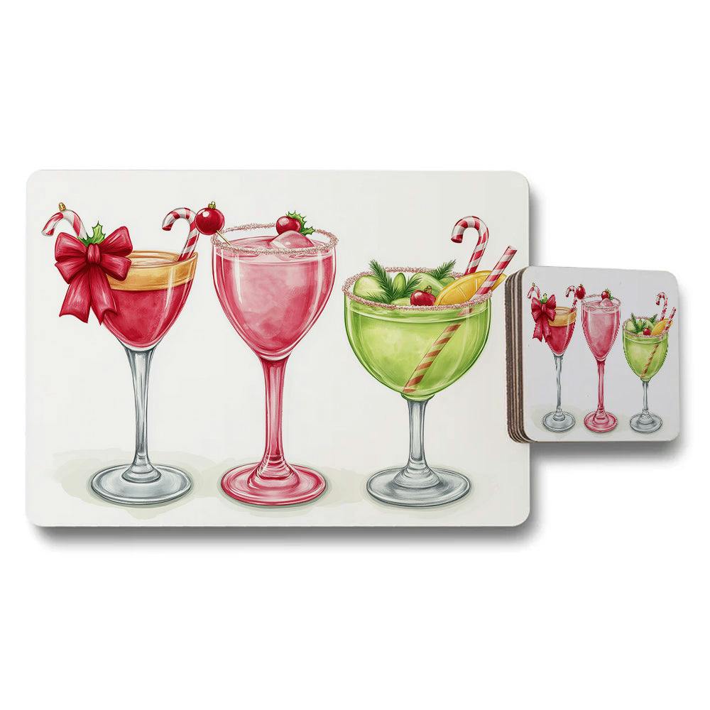 Rackhams Pink/Red/Green Cocktail Glasses Placemat And Coaster Set With Colorful Drink Artwork