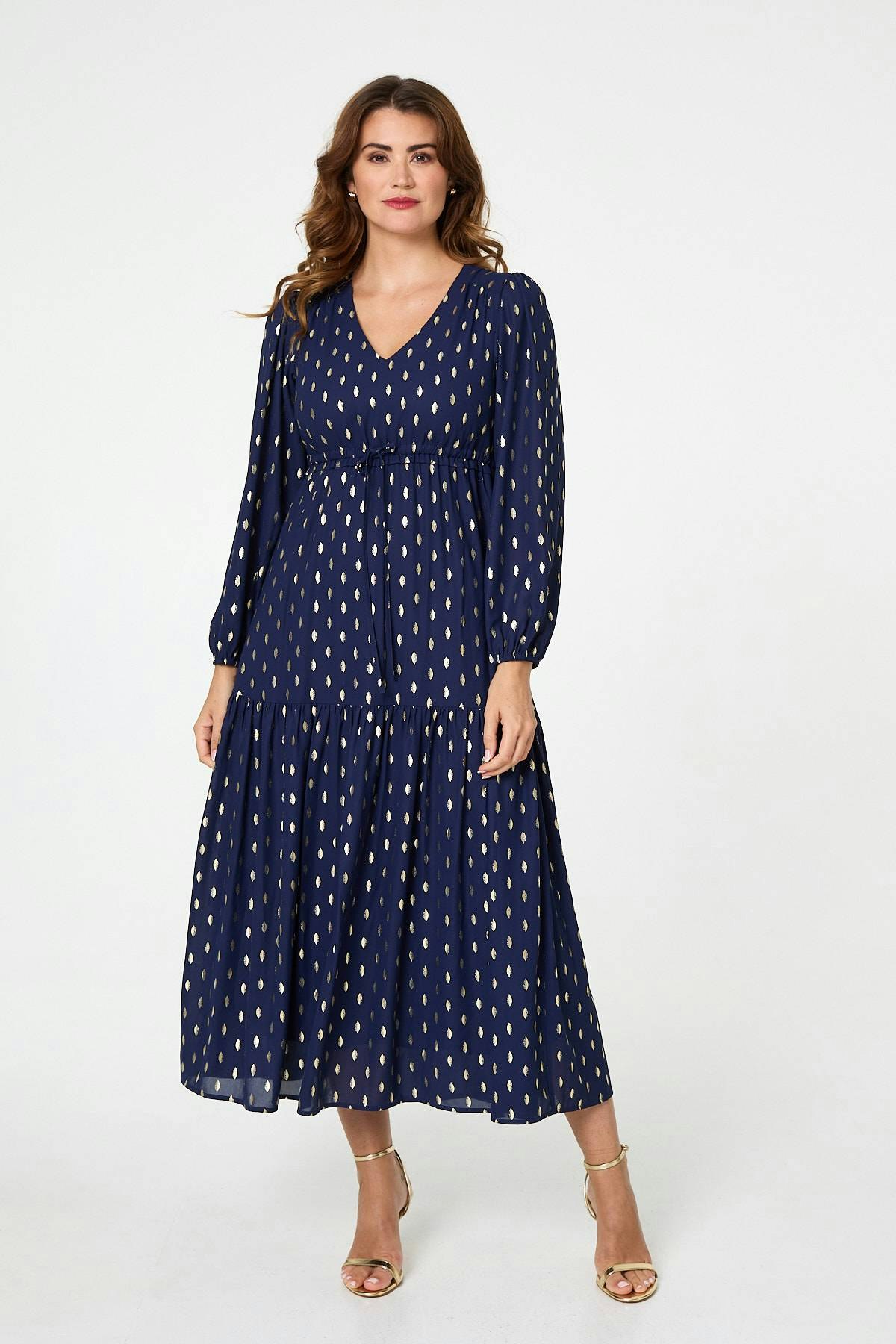 Izabel London Metallic Print V-Neck Tiered Maxi Dress - 8 - Navy