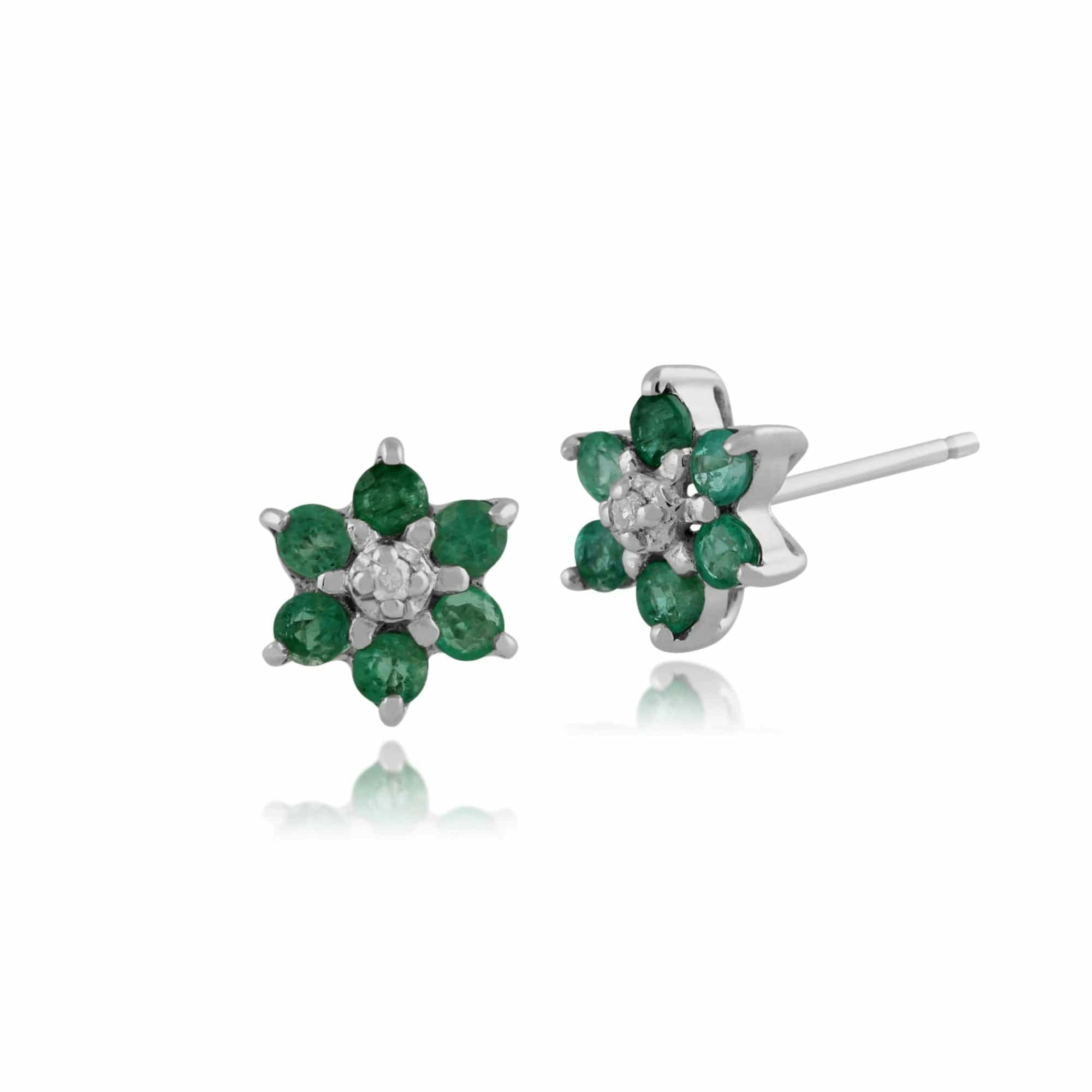 Gemondo White/Gold Classic Emerald & Diamond Floral Stud Earrings In 9Ct