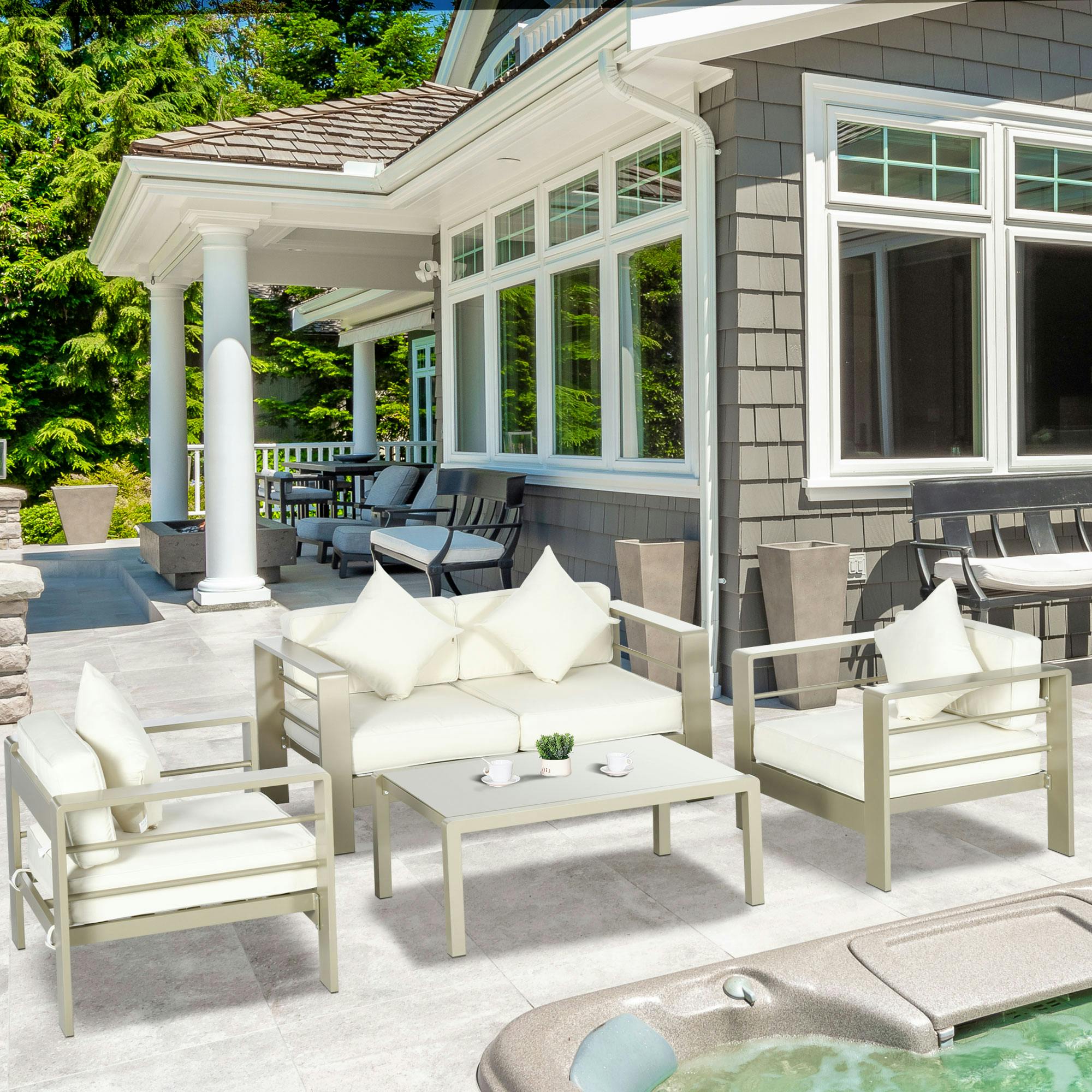 Rackhams Gold 4 Pcs Aluminium Garden Furniture Set W/ Thick Padded Cushion - Tone - Aluminium, Polyester - 138Cmx70cmx63cm
