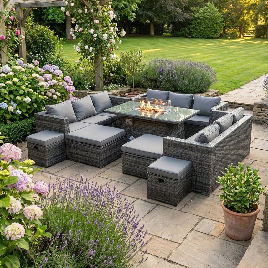 Rackhams Dark/Grey 13 Seater Rattan Garden Furniture Set With Fire Pit Dining Table, 3 Sofas, 4 Footstools