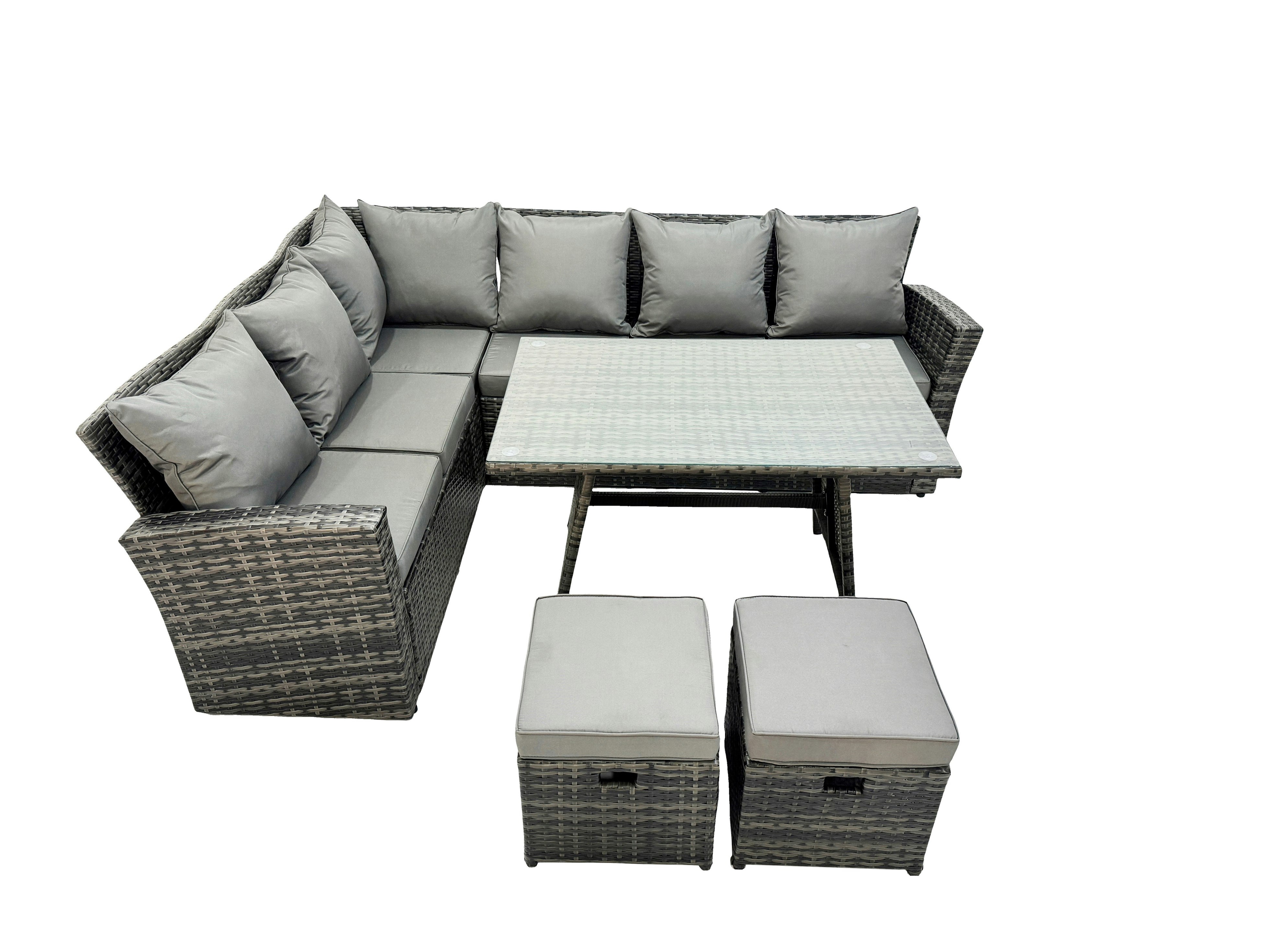Fimous Dark/Grey High Back Rattan Corner Sofa Set Dining Table Outdoor Furniture Mixed Left Option Size 5