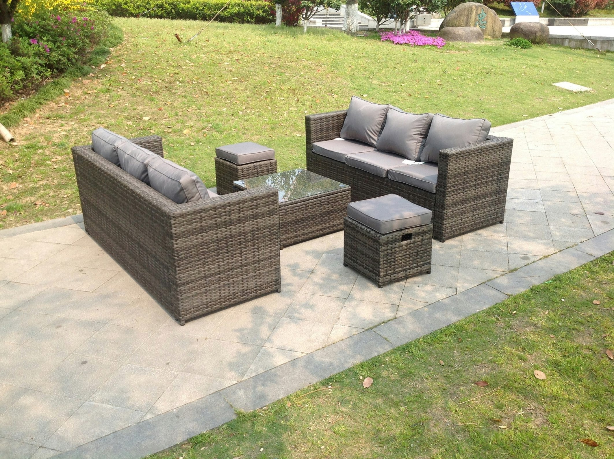 Fimous Dark/Grey Rattan Garden Outdoor Sofa Set Square Coffee Table Small Footstools 8 Seater