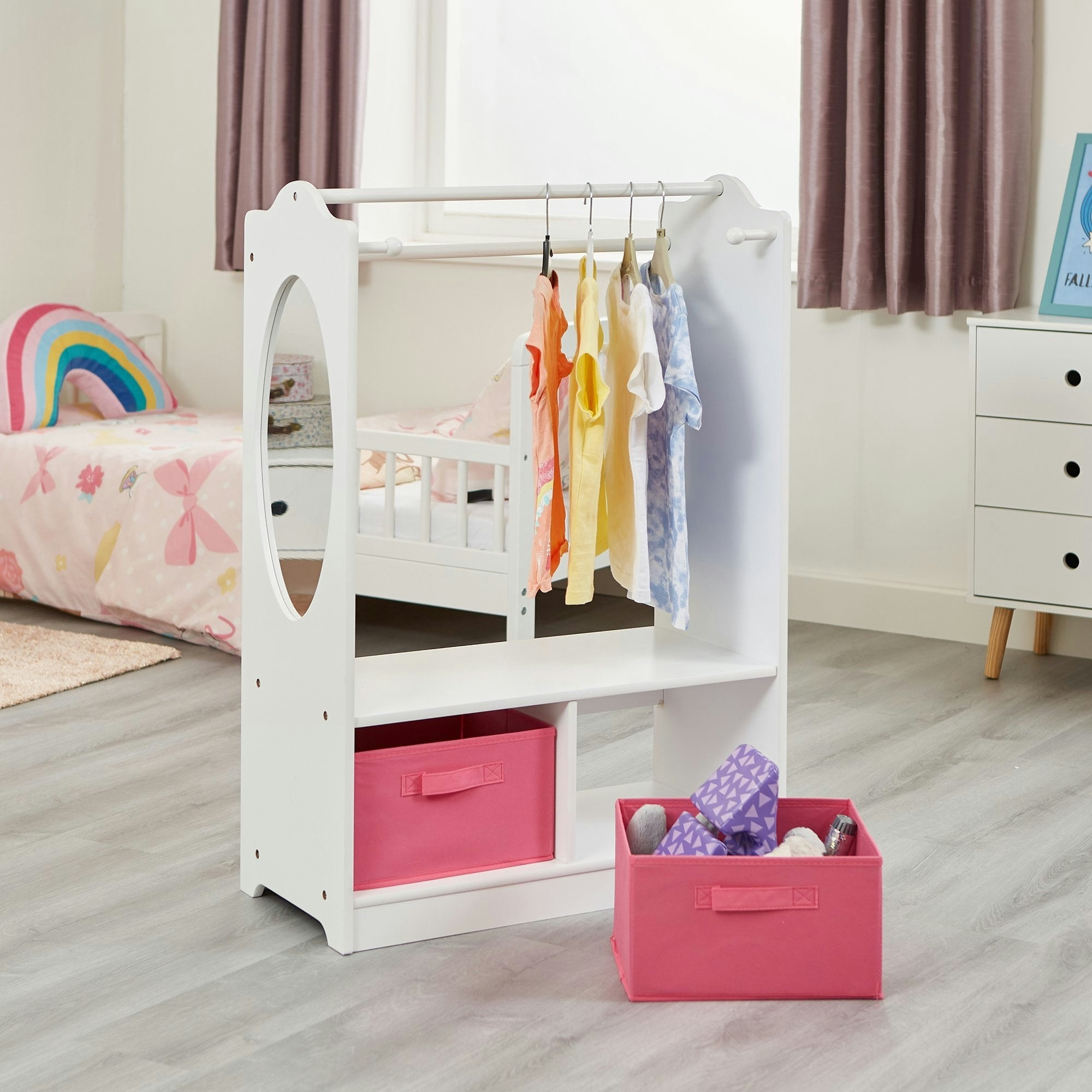 Liberty House Toys White/Pink Wooden Dress Up Unit With Two Storage Boxes