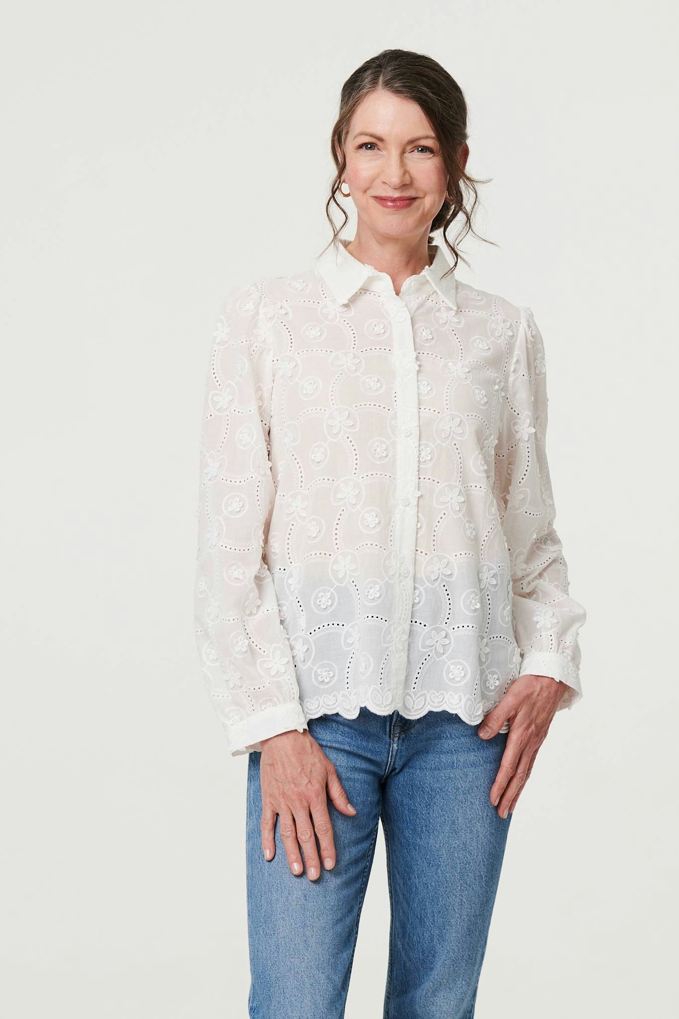 Izabel London White Floral Long Sleeve Embroidered Shirt - 14