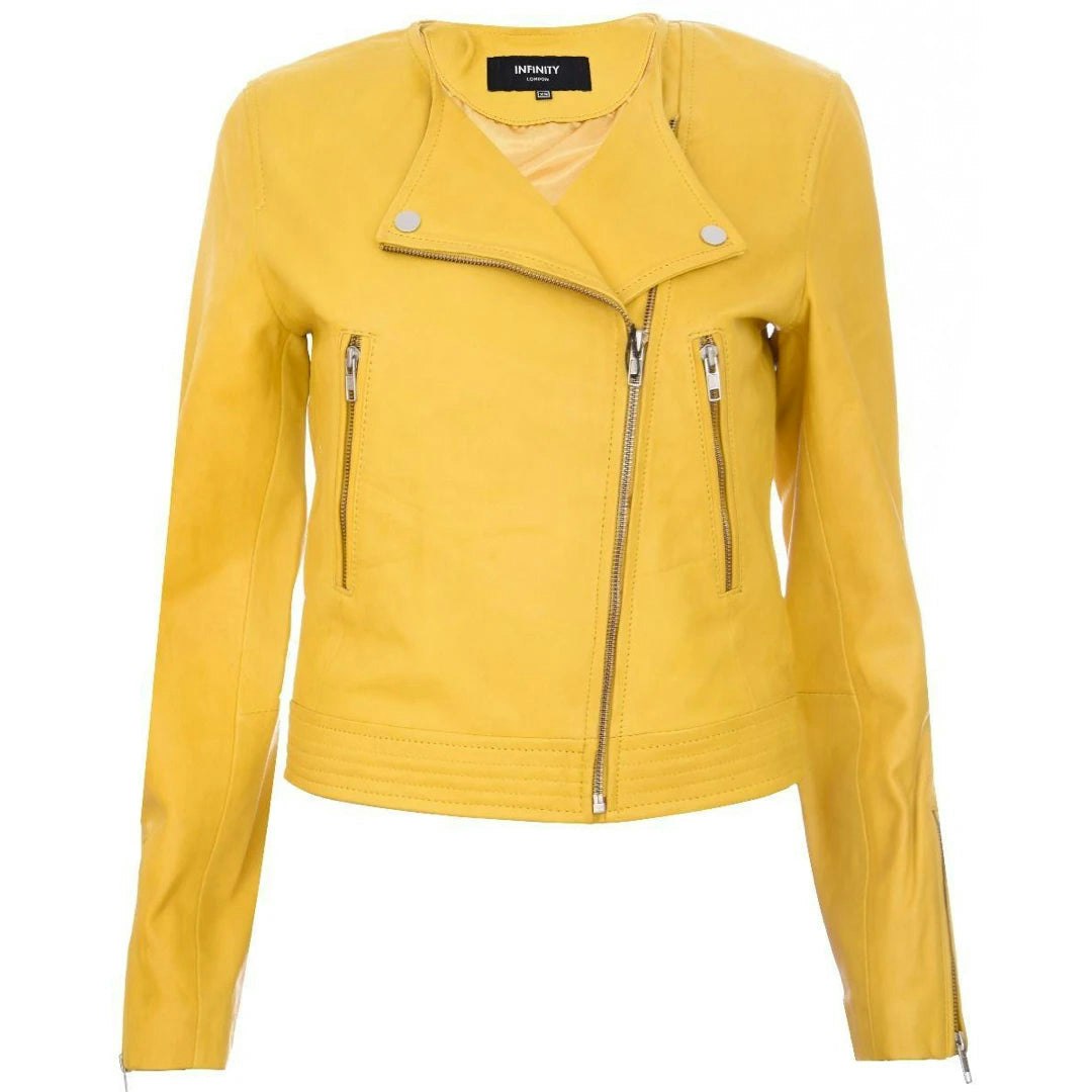 Infinity Leather Women's Black/Yellow Leather Company Leather Jacket Short Fitted Bikers - Uk 12