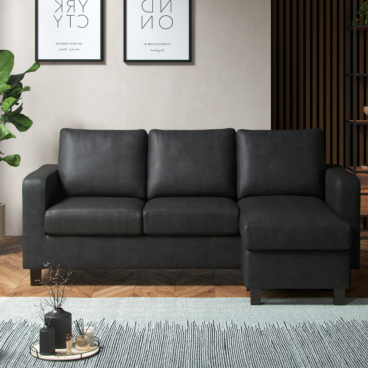 Furnishings For Less Black York Faux Leather 3 Seater Reversible Corner Sofa